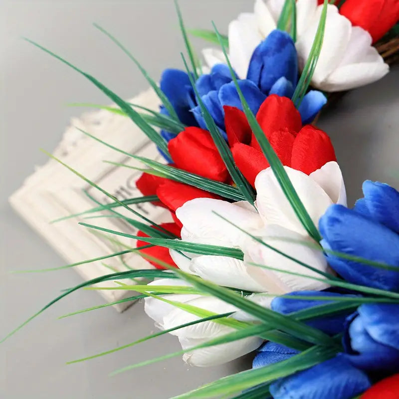 Red White and Blue Tulip Wreath for Door Decoration