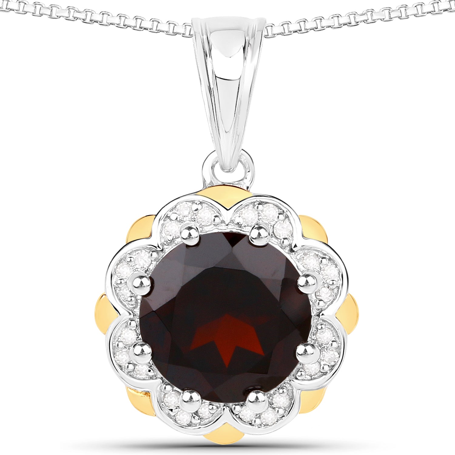 2.32 Carat Genuine Garnet and White Diamond 14K Yellow Gold with .925 Sterling Silver Pendant