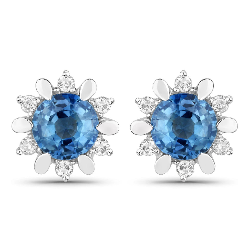 1.87 Carat Genuine Blue Sapphire and White Diamond 14K White Gold Earrings