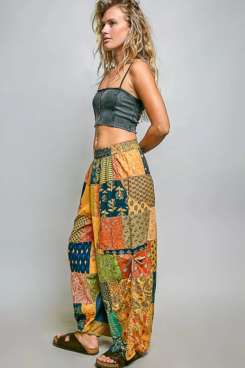POL Printed Patchwork Wide Leg Pants with Adjustable Side Drawstring
