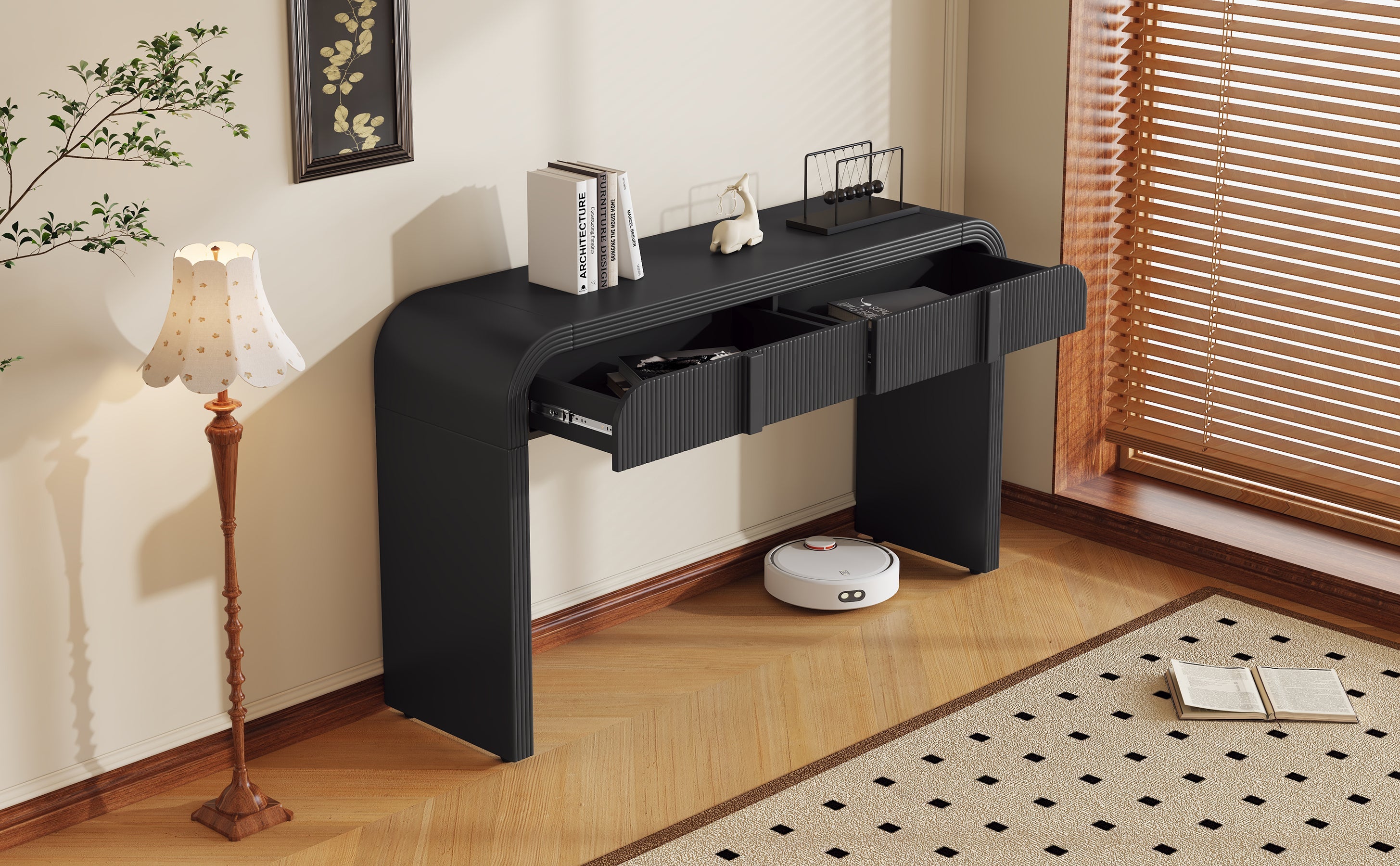 TREXM Modern Console Table with 2 Storage Drawers, Fluted Entryway Table with Rounded Silhouette for Hallway Living Room and Entryway (Black)