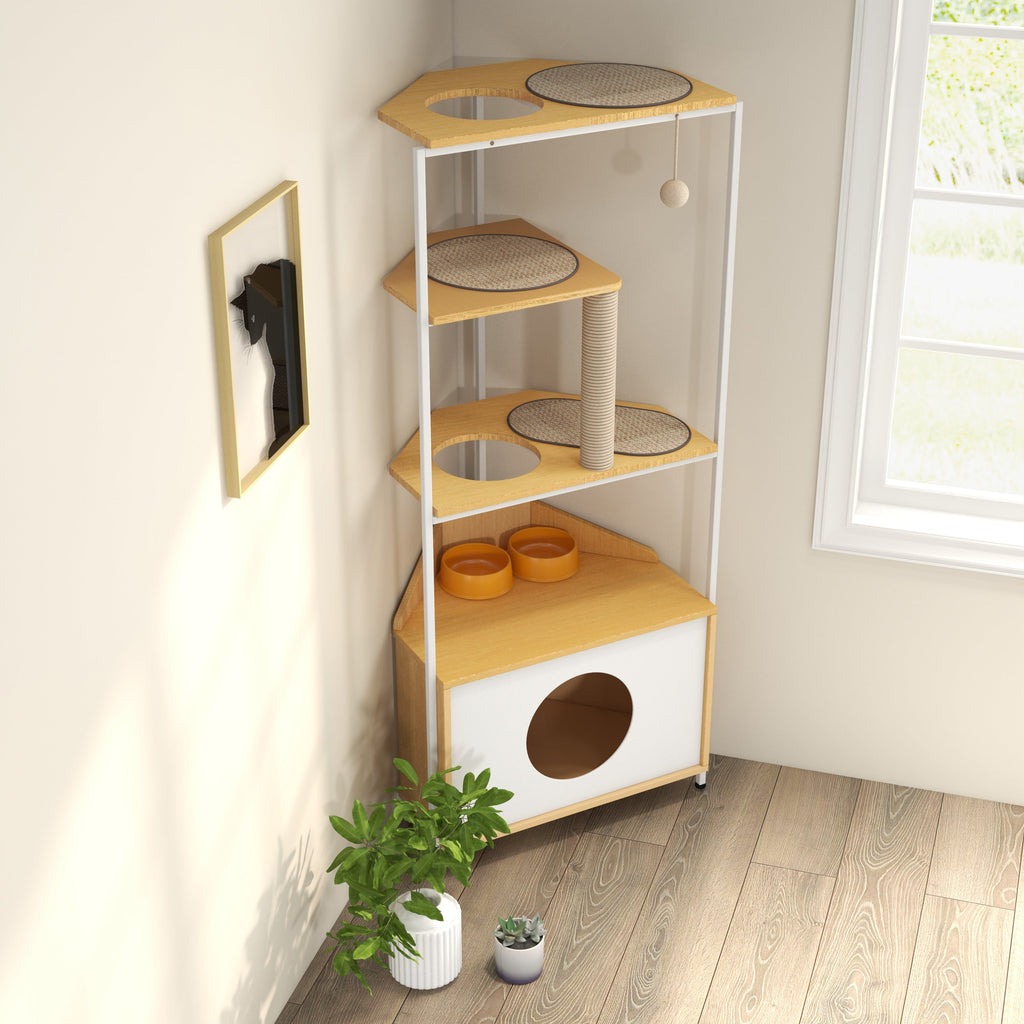 Modern Corner Cat Tower with Scratching Post, Cat Condo and Feeding Station, White and Light Oak Particle Board, 58.27-inch Height