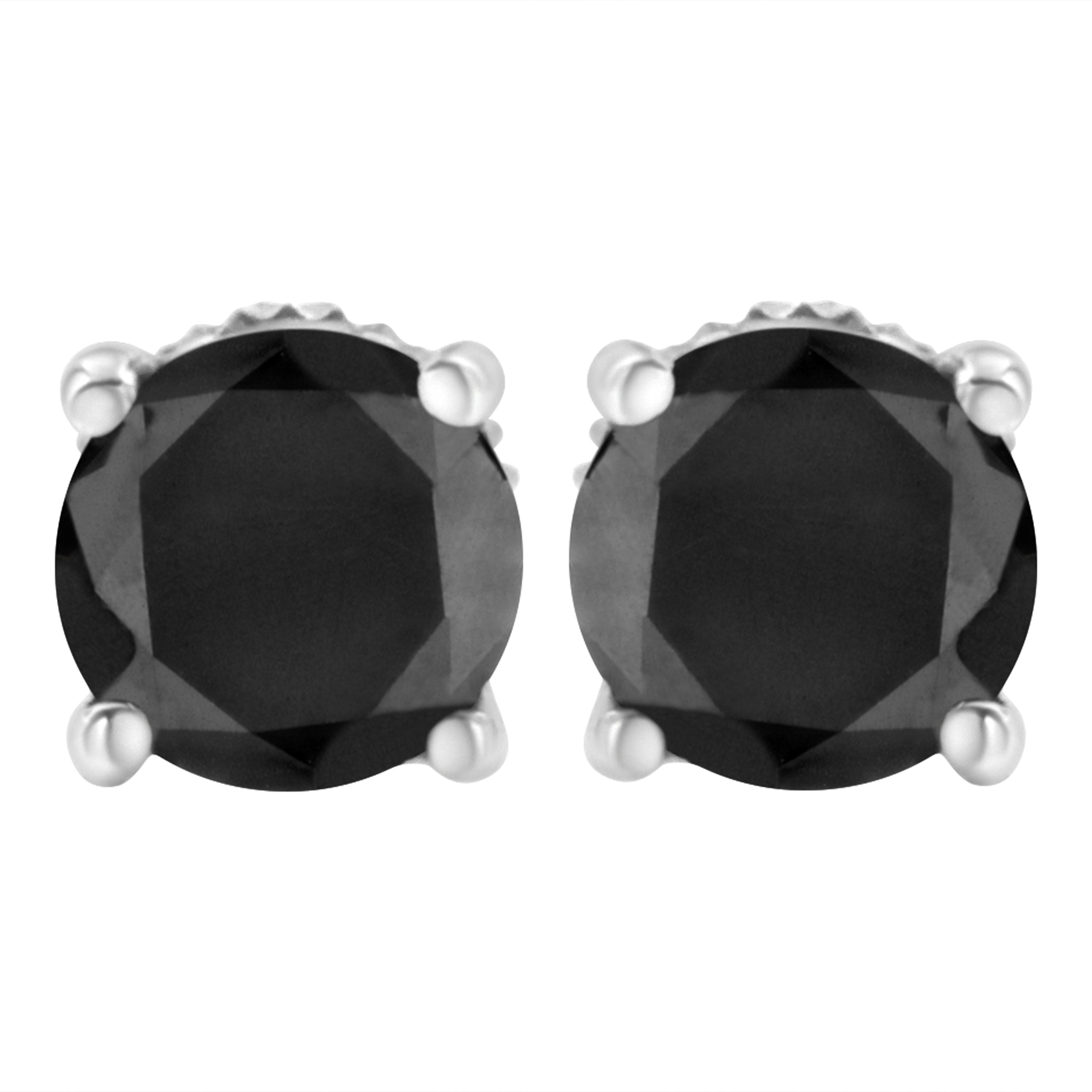 14K White Gold 2.00 Cttw Round Brilliant-Cut Black Diamond Classic 4-Prong Stud Earrings with Screw Backs (Fancy Color-Enhanced, I2-I3 Clarity)
