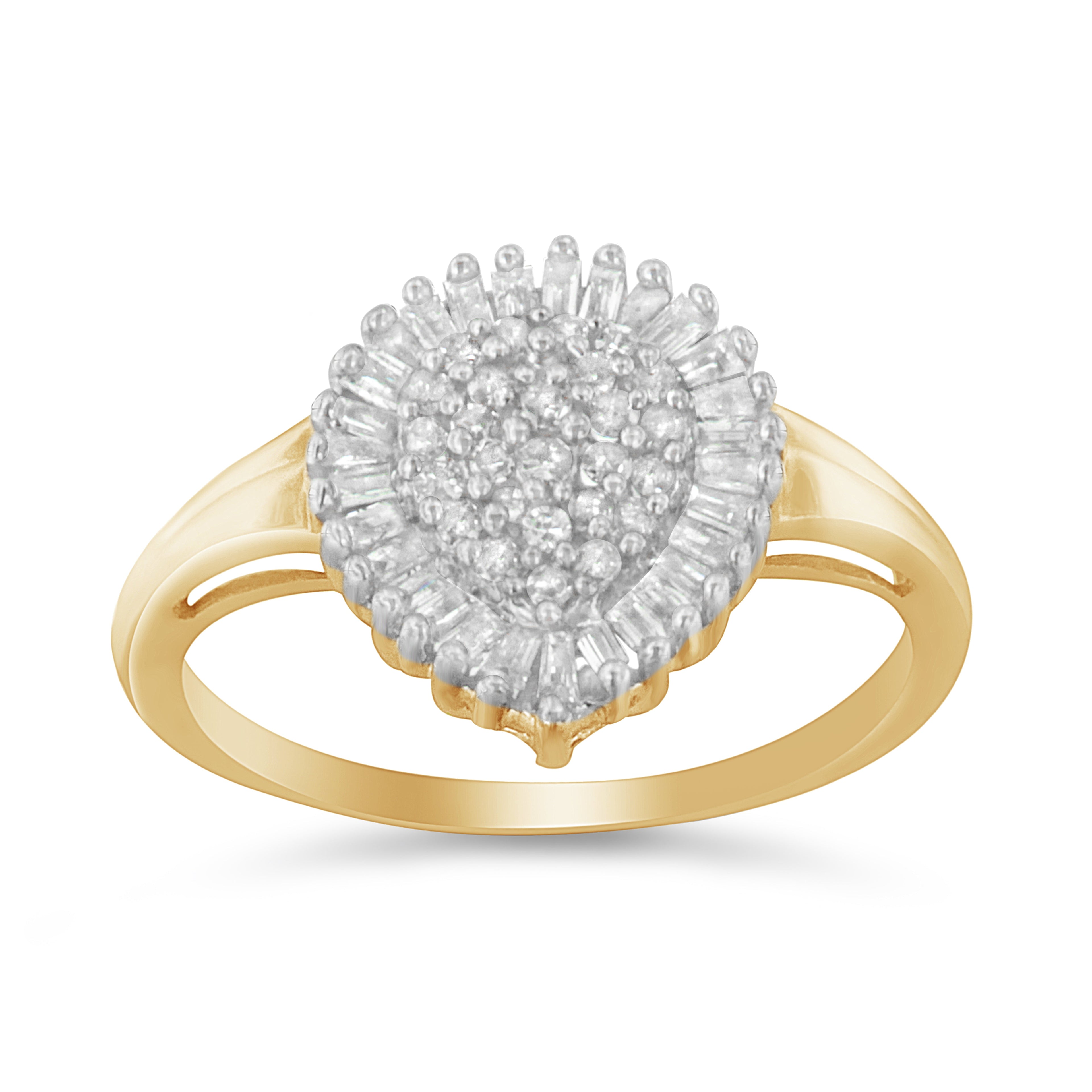 10K Yellow Gold 1/2 Cttw Round & Baguette Cut Diamond Pear Shaped Domed PavÃ© Cluster with Halo Cocktail Ring (J-K Color, I1-I2 Clarity) - Size 4-1/4