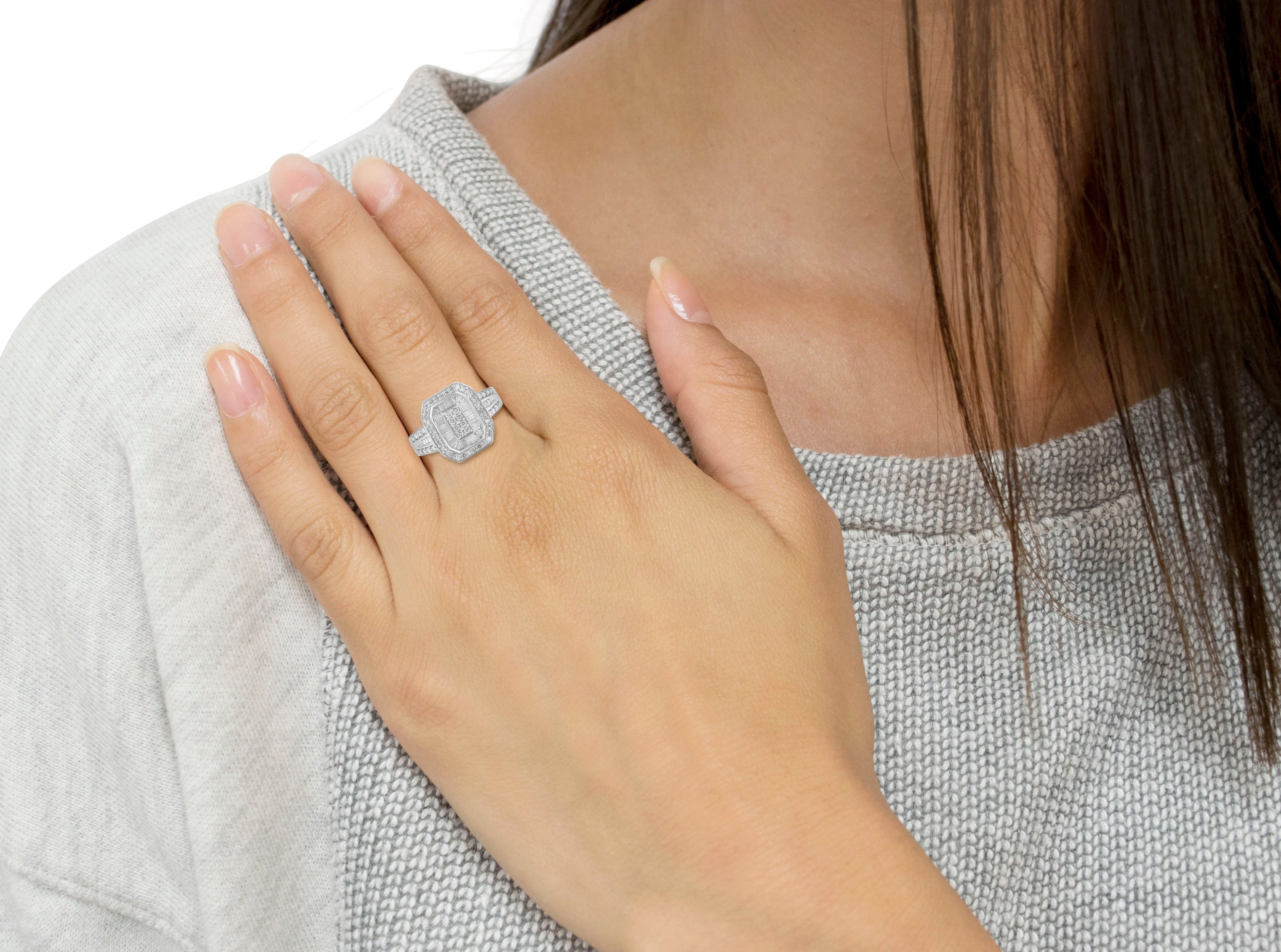 .925 Sterling Silver Round and Baguette Diamond Cathedral Ring (0.75 Cttw, H-I Color, I2-I3 Clarity) - Size 7