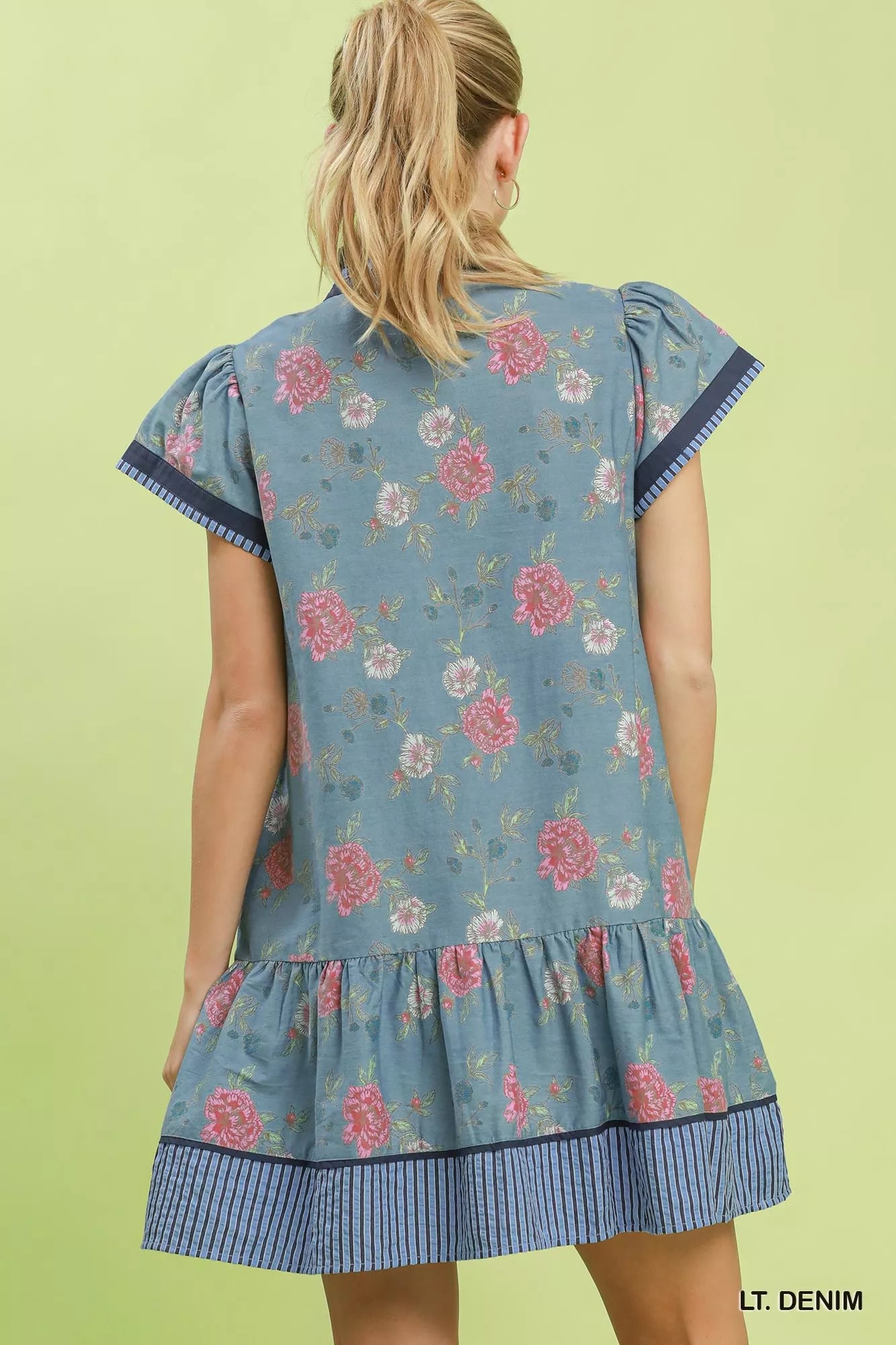 Umgee Floral Contrast Trim Ruffle Hem Mini Dress