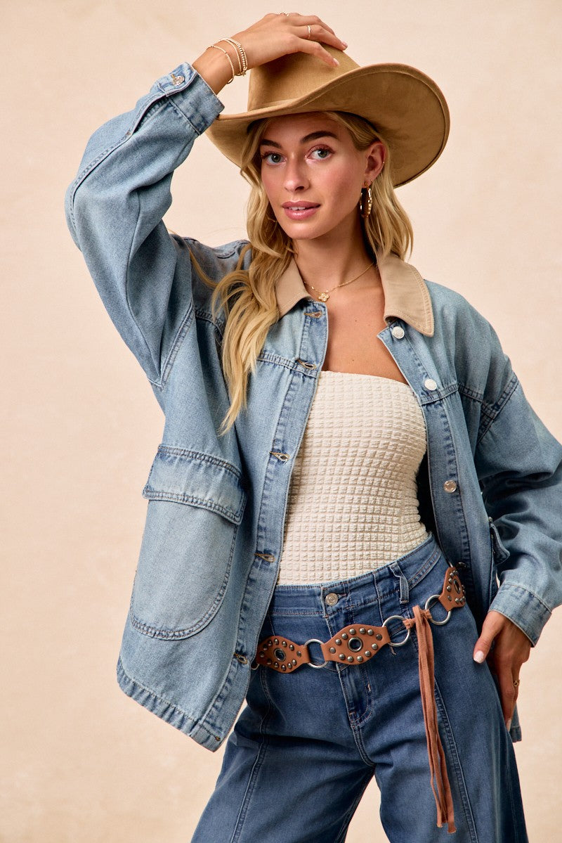 BiBi Washed Denim Jacket with Contrast Collar Detail