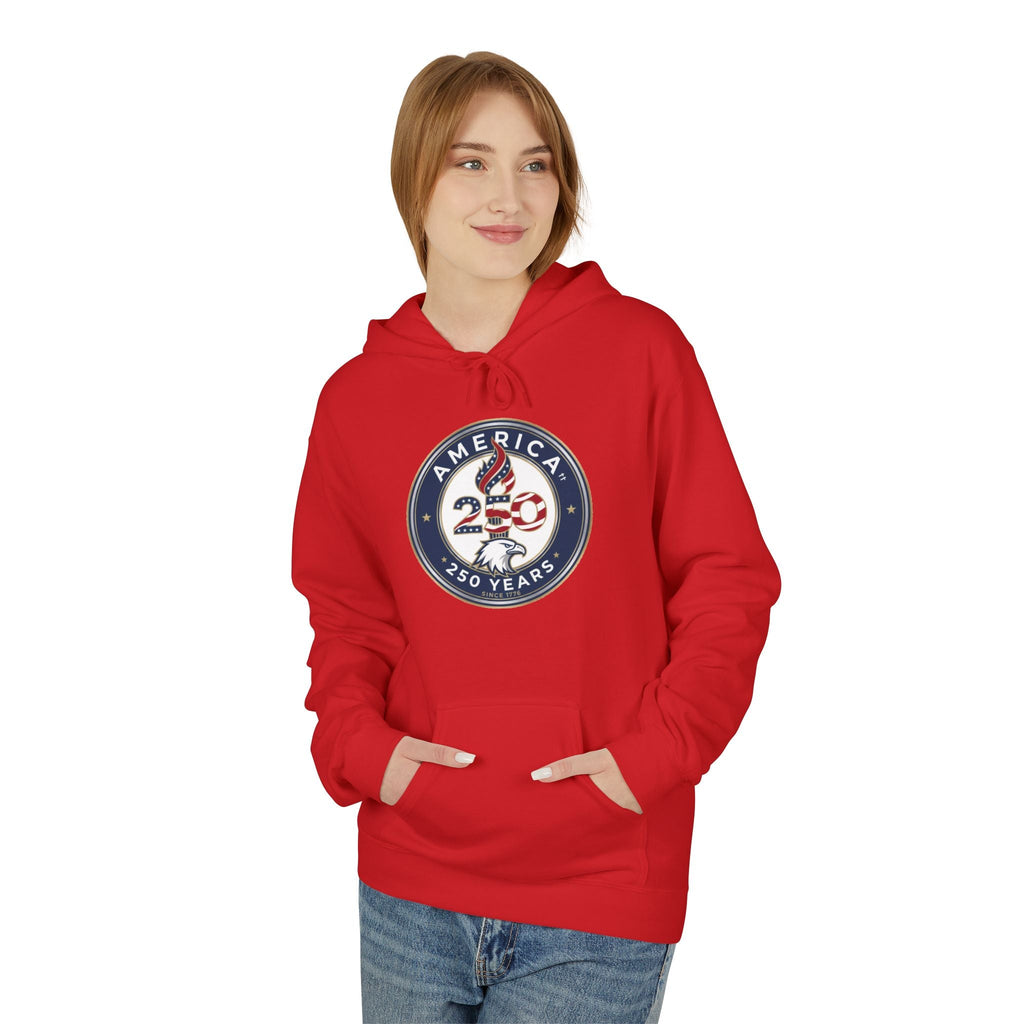 America 250 Years Badge Hoodie – USA Flag Patriotic Celebration Pullover