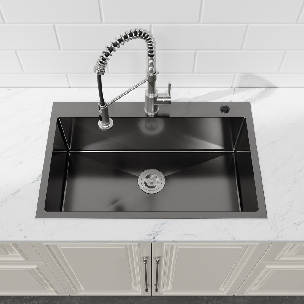 Stainless Steel Kitchen Sink, 30″x19″ Single Bowl, Overmount Handmade Sink in Black, with US Standard Drain and Hook