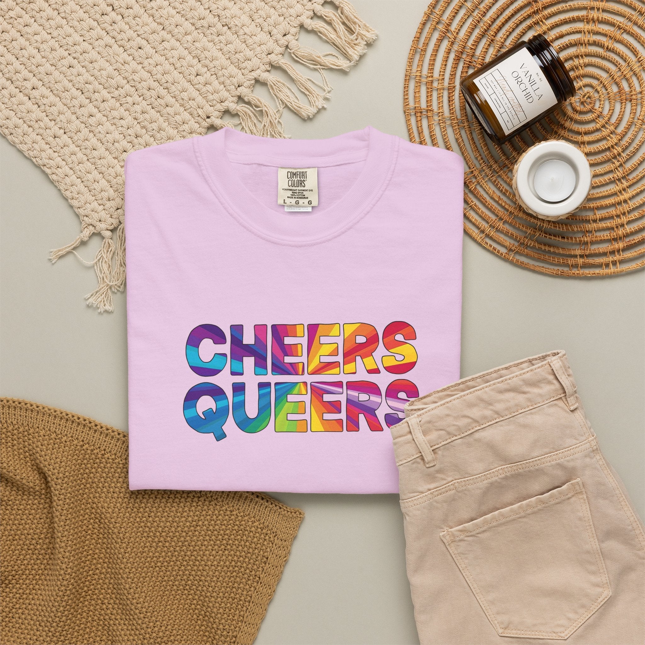 Bespattered Facade Rainbow Cheers Queers Colorful LGBTQ+ Pride Premium Unisex Comfort Colors Garment Dyed 100% Cotton T-Shirt