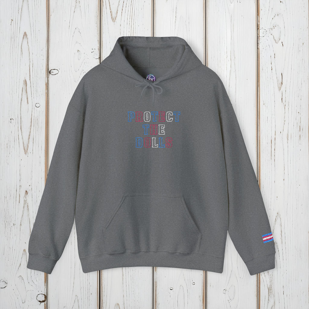 Bespattered Facade Protect the Dolls LGBTQ+ Pride Trans Support Embroidered Unisex Heavy Blend™ Hooded Sweatshirt