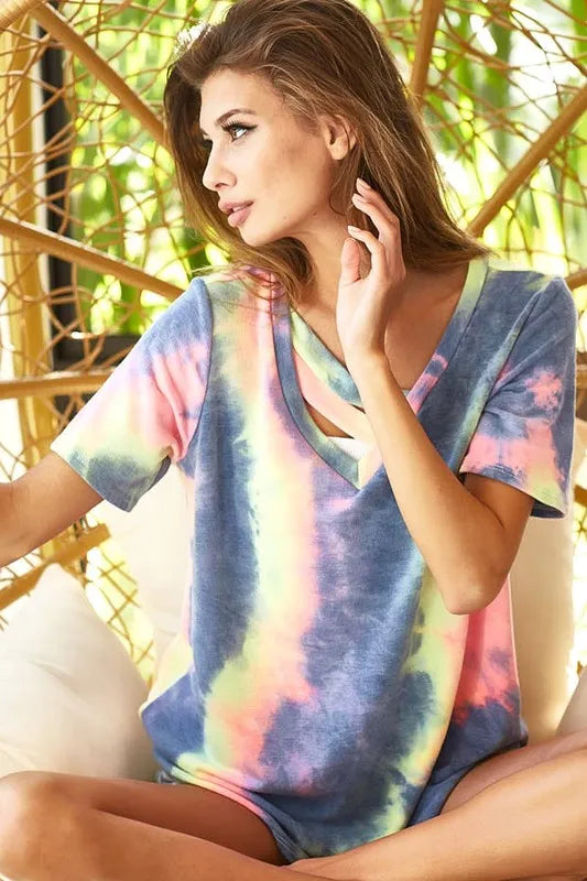 BiBi Tie Dye Terry V Neck Top With Double Strap