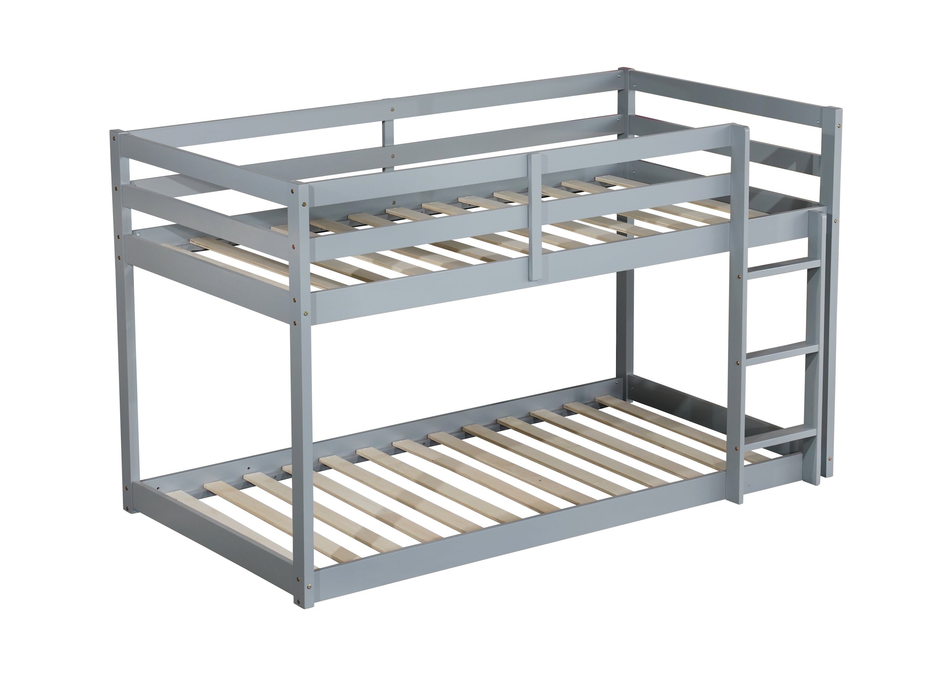 Solid Wooden , Solid Rubber Wooden Twin over Twin Floor Bunk Bed with Ladder ,Upper and Bottom Bed Platforms crafted with Strengthened Slats ,Grey