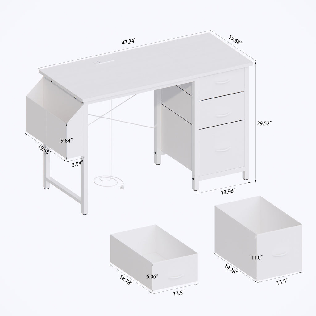 47.3'office desk with power outlet,3 drawers,Side Pocket, Study Desk Easy to Assemble,Frame stability Reversible for home desk, company computer desk, game table,Vanity table, white