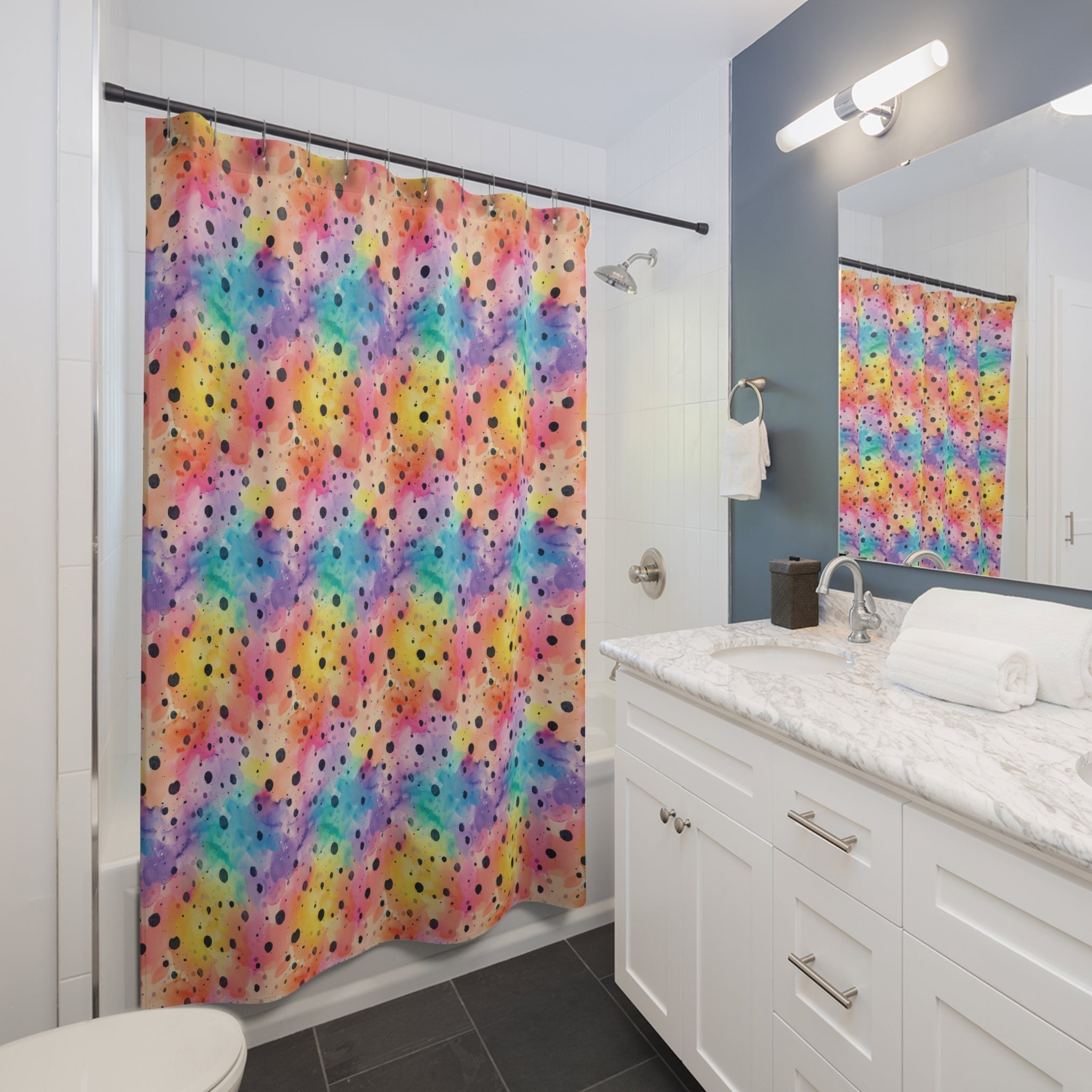 Bespattered Facade Rainbow Watercolor Dots Shower Curtain