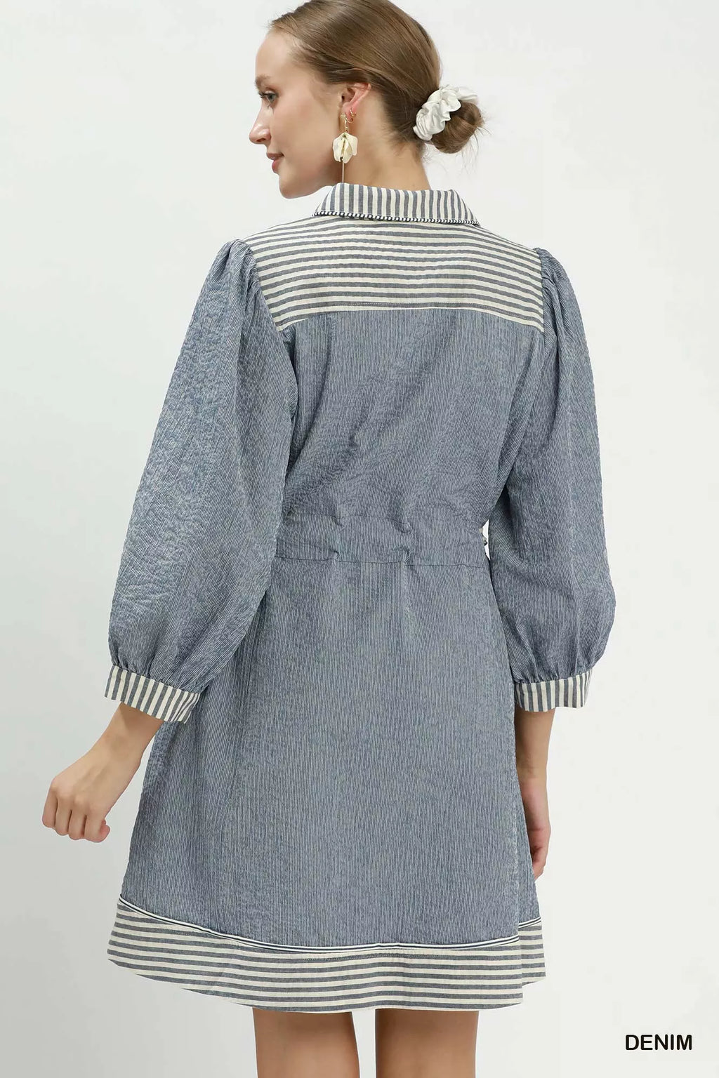 Umgee Striped Contrast Belted Puff Sleeve Mini Dress