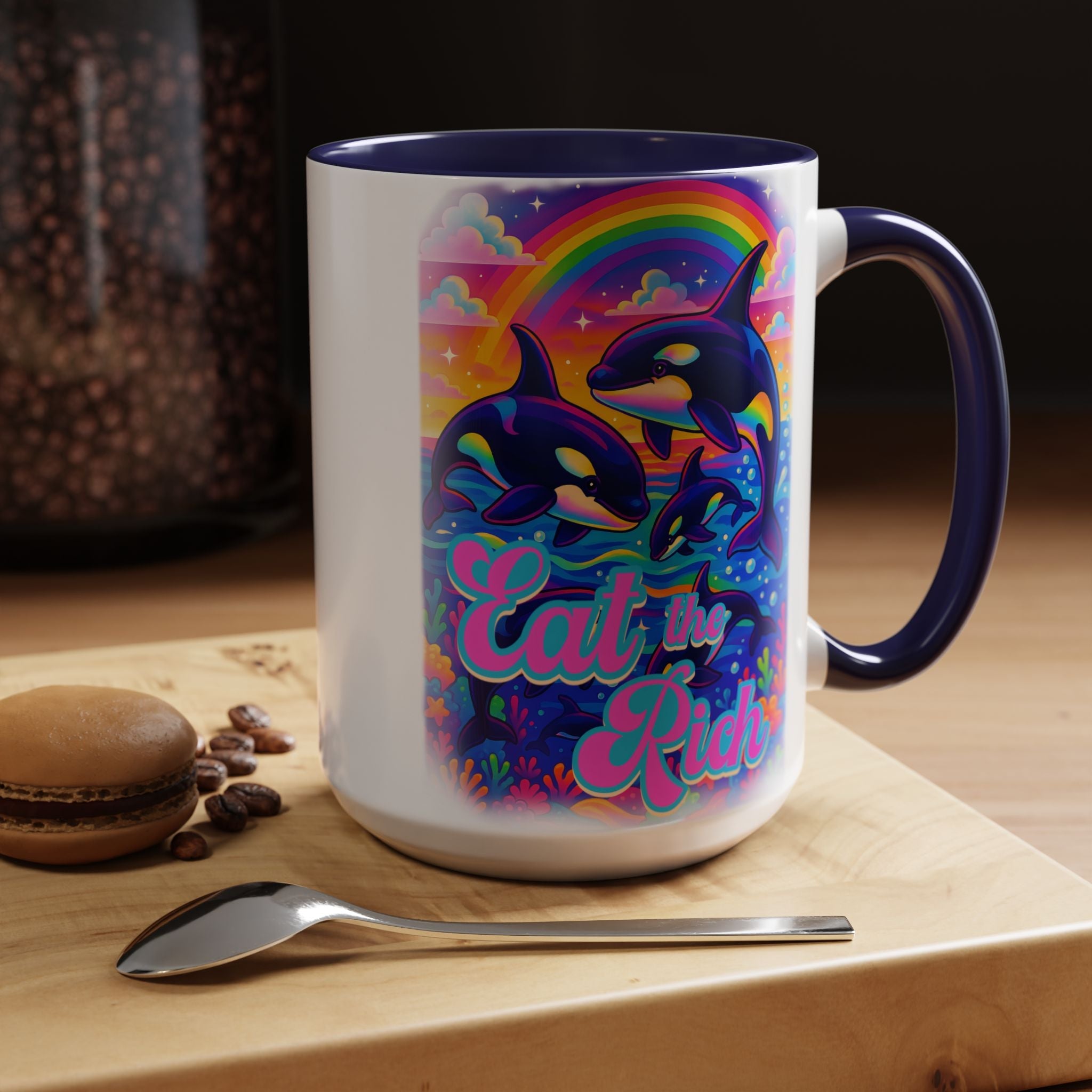 Bespattered Facade "Eat the Rich" Orcas Whimsical Rainbow Mug | Four Colors | 11oz or 15oz