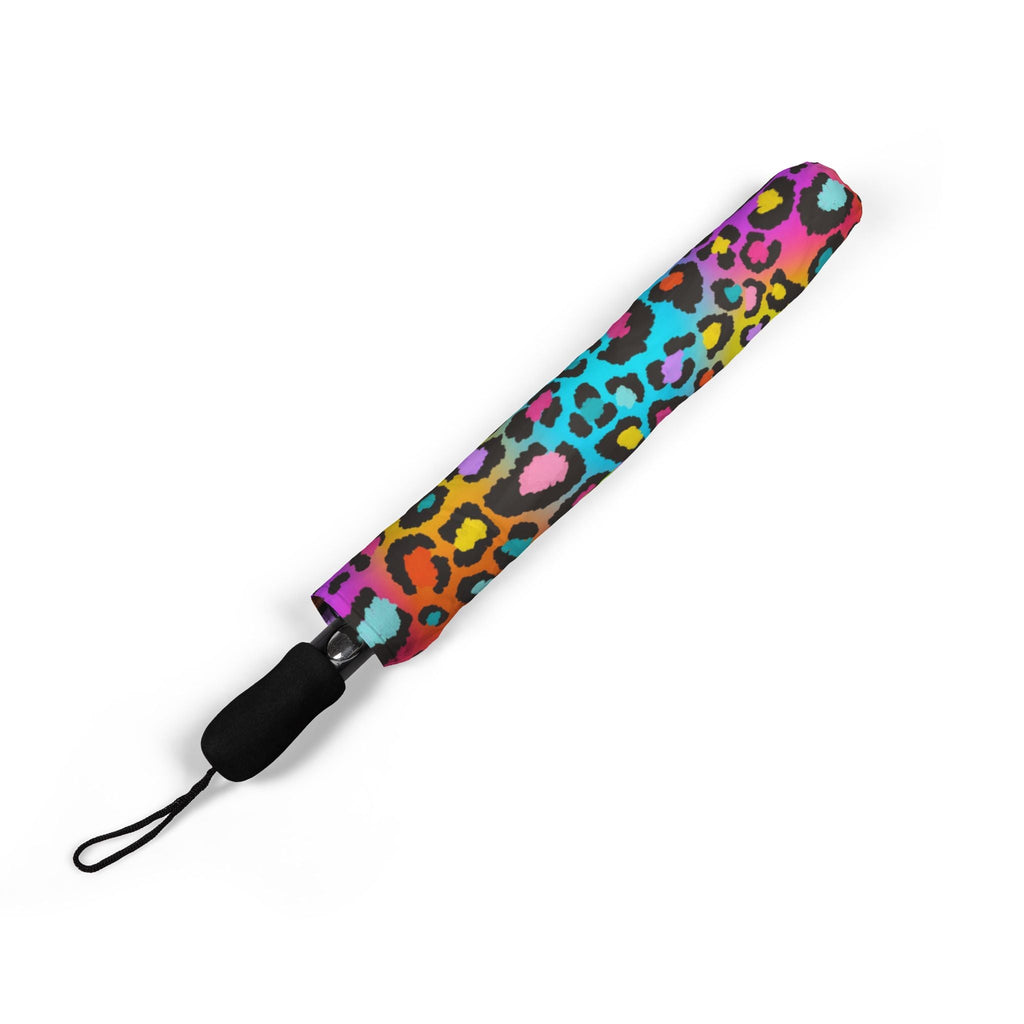 Neon Rainbow Leopard Foldable Umbrella — Compact Semi-Automatic Rain Parasol