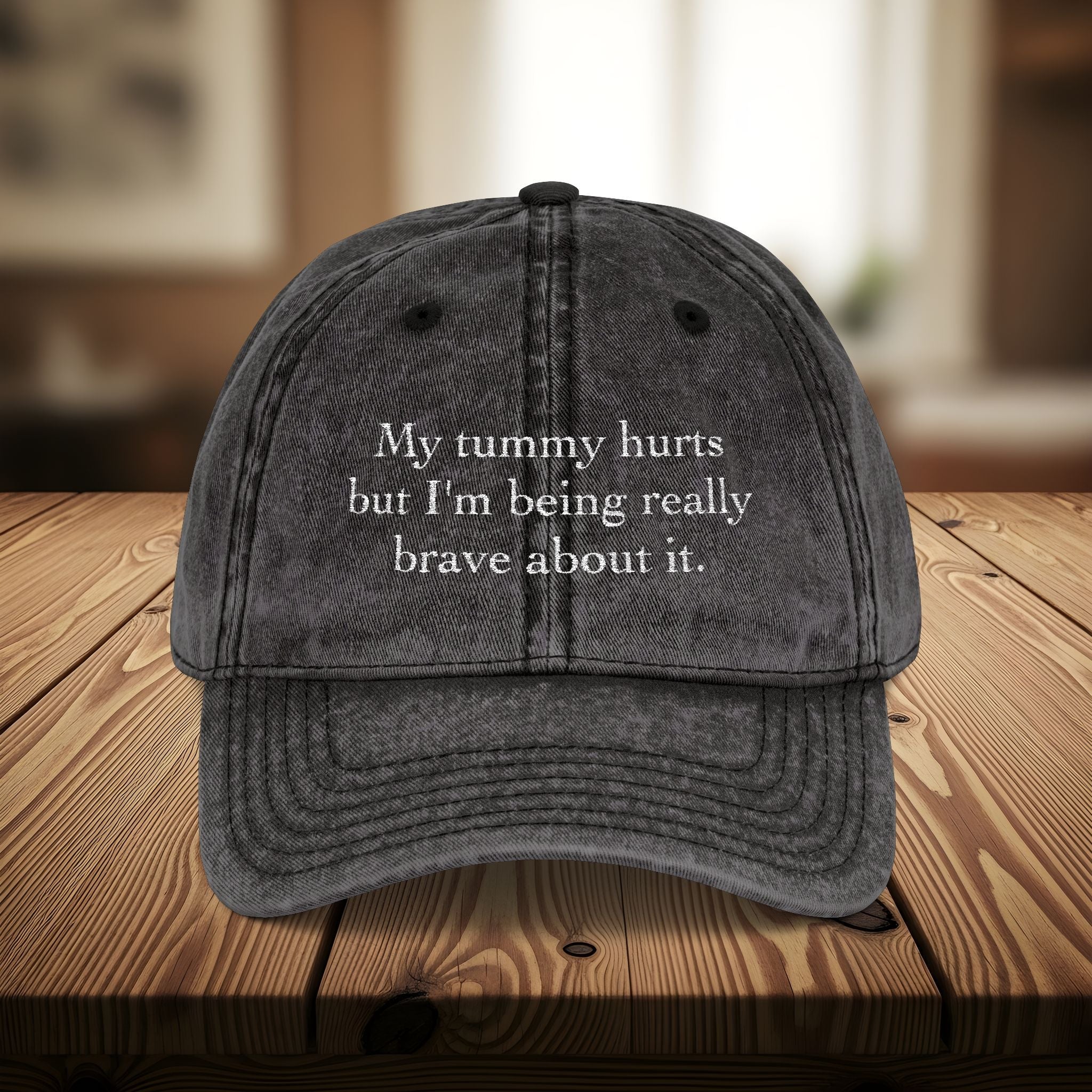 Bespattered Facade "My Tummy Hurts" White Embroidered Vintage Cap
