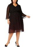 Anne Klein Black Printed Sheer V Neck Party Dress, Plus Size 24W