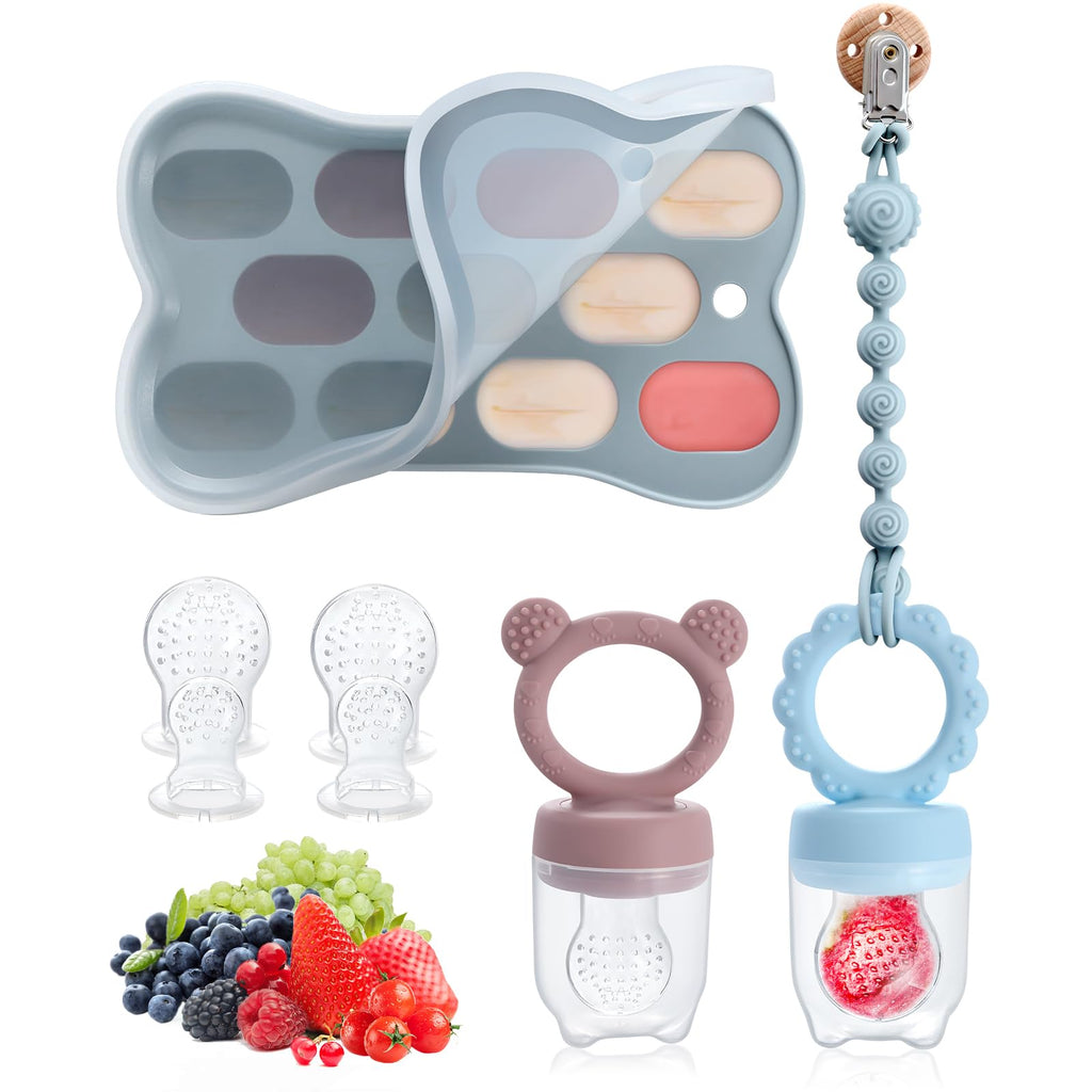 2PCS Food Grade Silicone Baby Fruit Food Feeder & Breastmilk Popsicle Freezer Molds BPA Free Baby Food Storage Containers for Baby Teething Relief & Infant Self Feeding(Blue and Pink Purple)