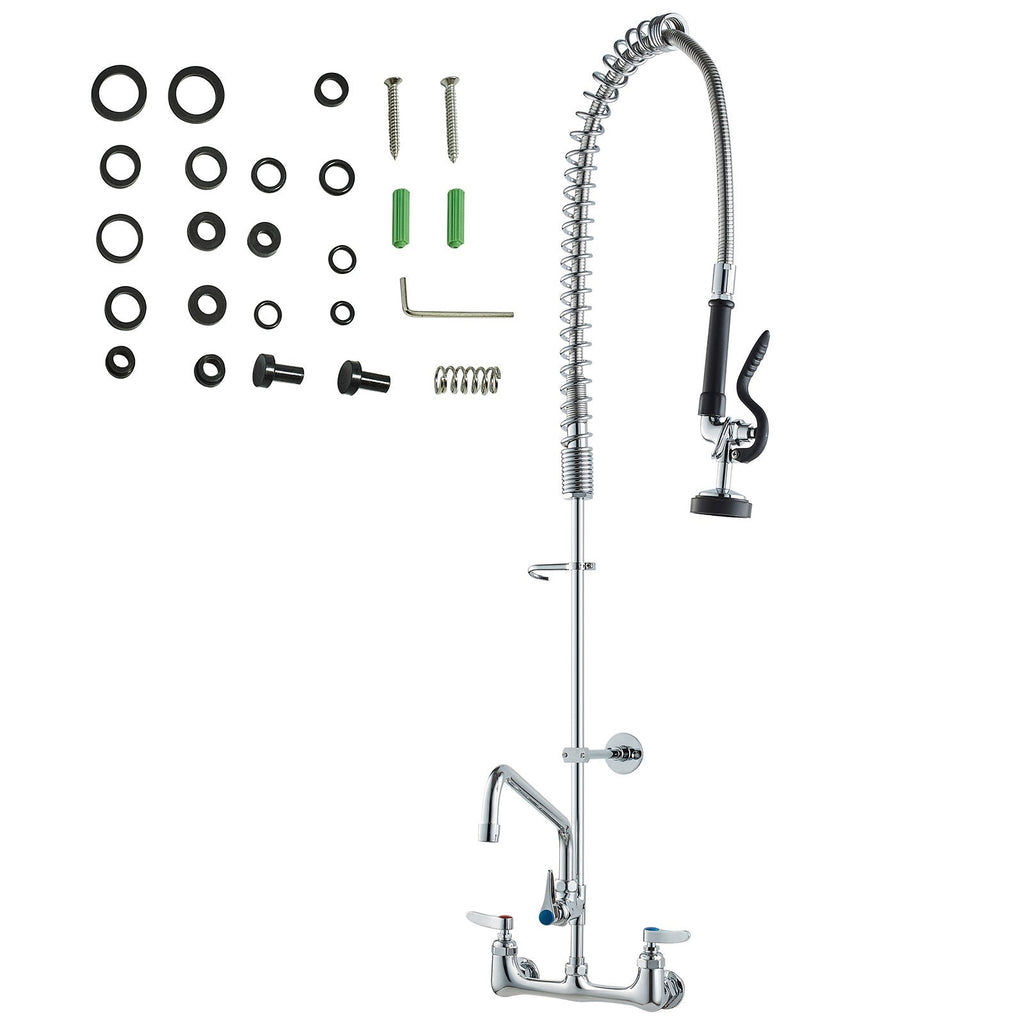 Commercial Faucet with Pre-Rinse Sprayer, 44' Height, 8' Center, 12' Swing Spout, Wall Mount Kitchen Sink Faucet, Brass Constructed Device with Pull Down Spray, for 1/2/3 Compartment Sink
