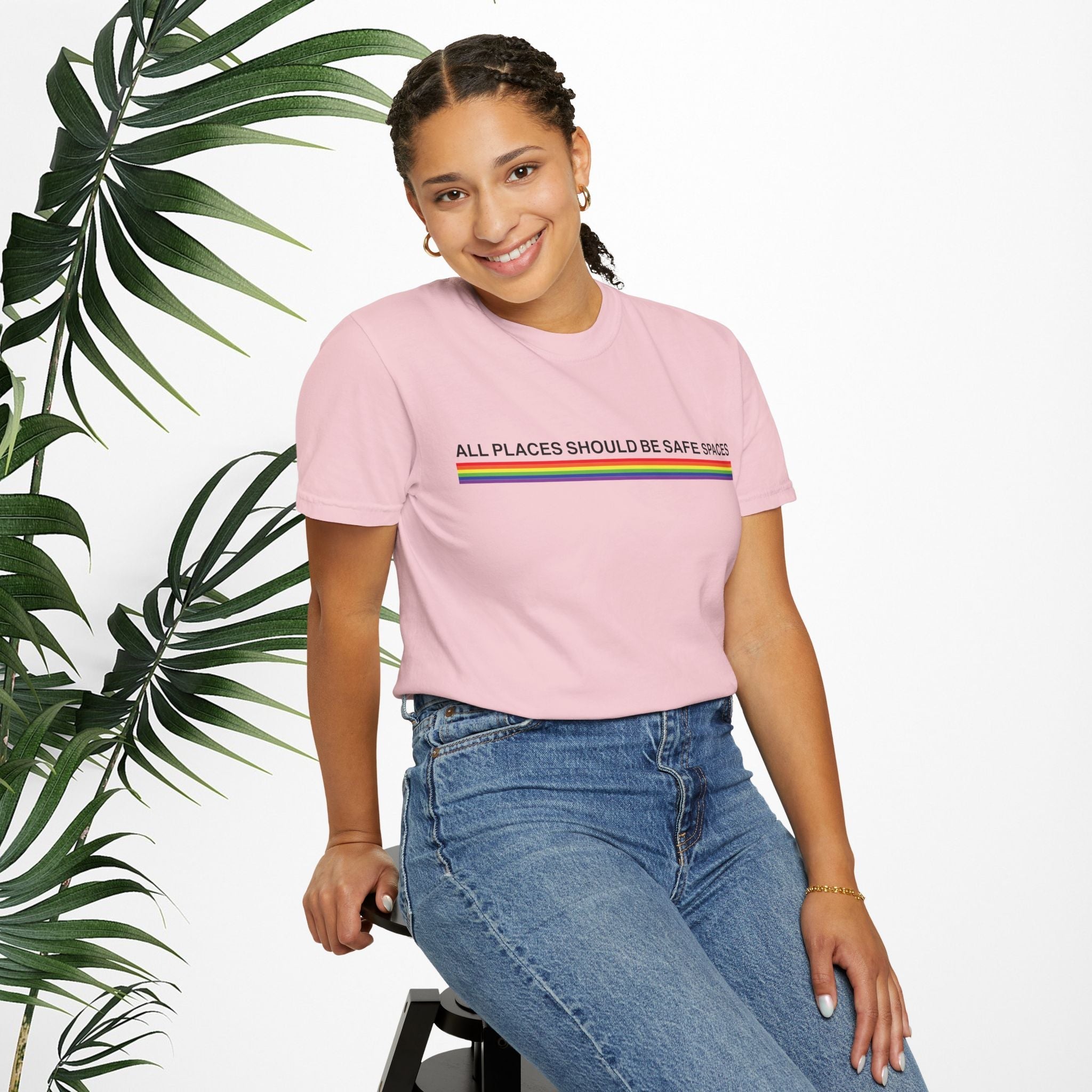 Bespattered Facade Rainbow All Places Should Be Safe Spaces Colorful LGBTQ+ Pride Premium Unisex Comfort Colors Garment Dyed 100% Cotton T-Shirt