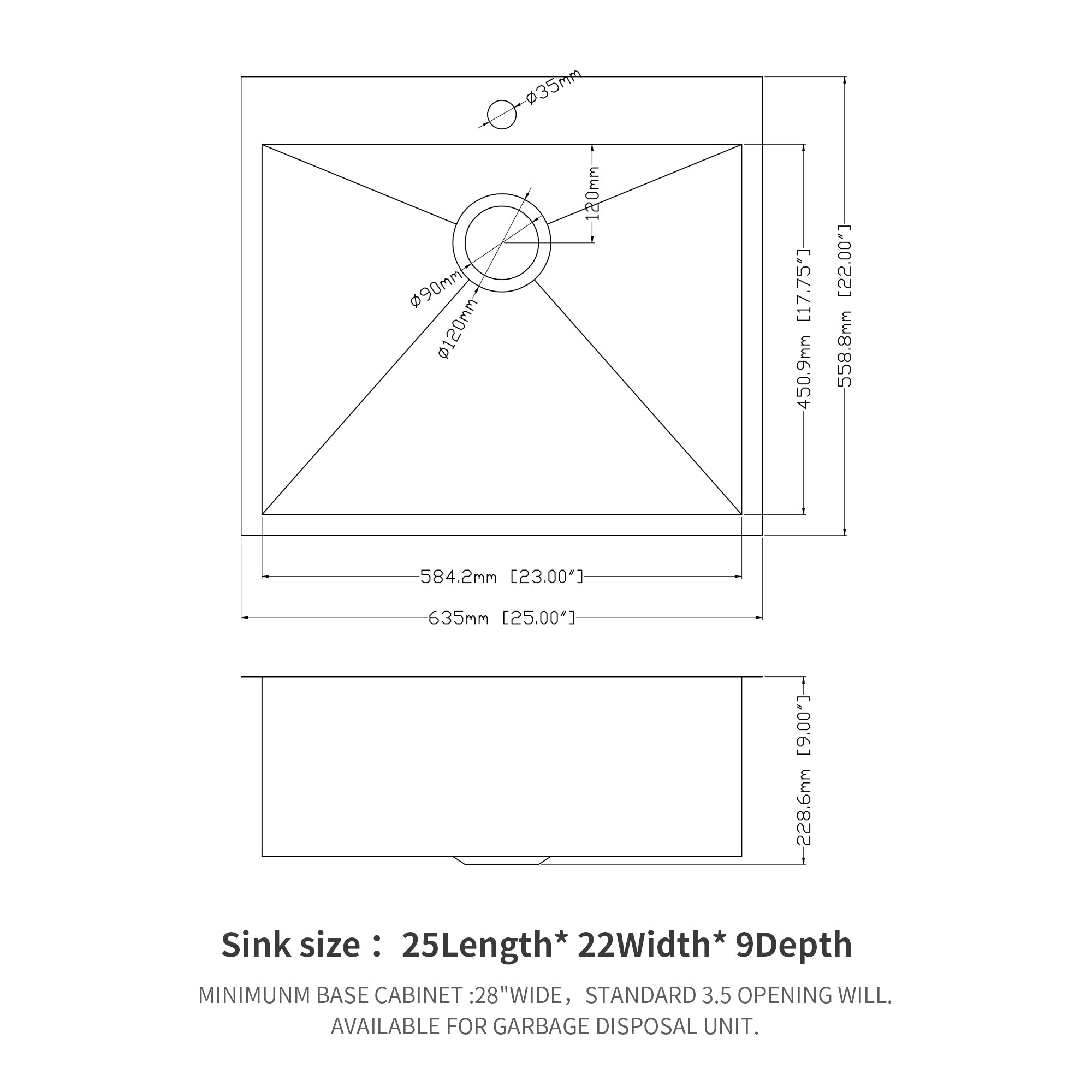 Brushed Nickel Stainless Steel 25 x 22 x 9 Inch Kitchen Sink Drop In with Single Bowl Topmount Design