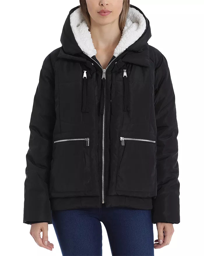 Bagatelle Zippered Pocketed Utility Faux Fur Water Resistant Jacket, Size Medium