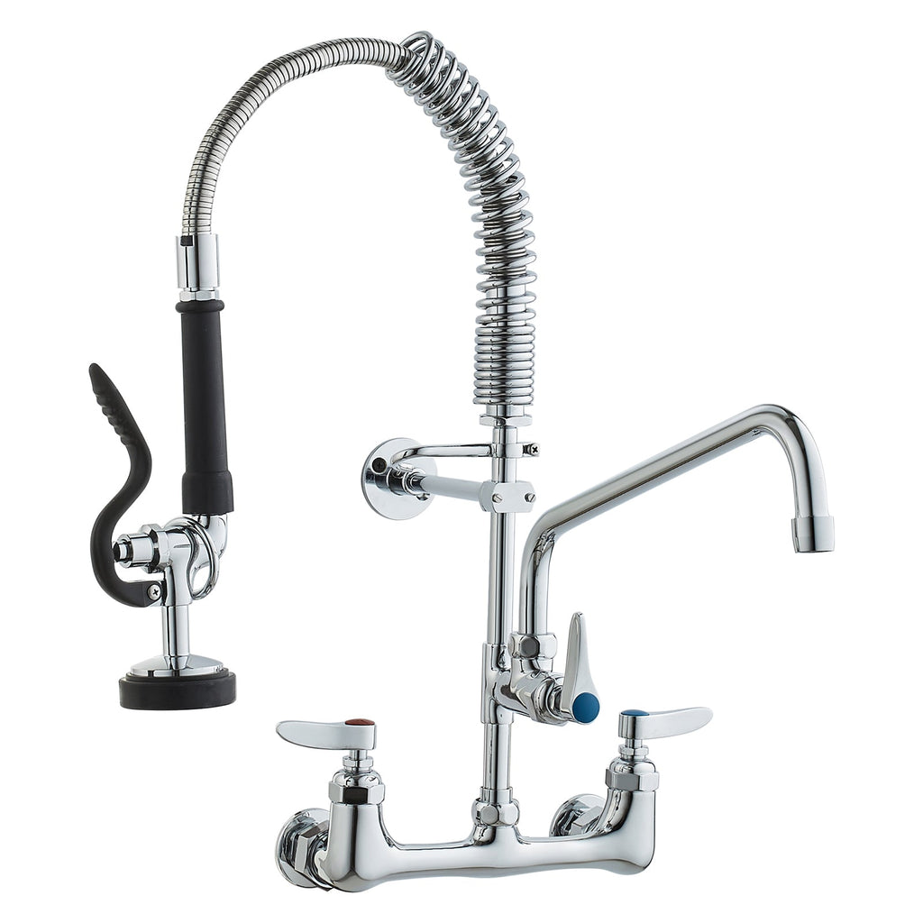 Commercial Faucet with Pre-Rinse Sprayer, 21' Height, 8' Center, 12' Swing Spout, Wall Mount Kitchen Sink Faucet, Brass Constructed Device with Pull Down Spray, for 1/2/3 Compartment Sink