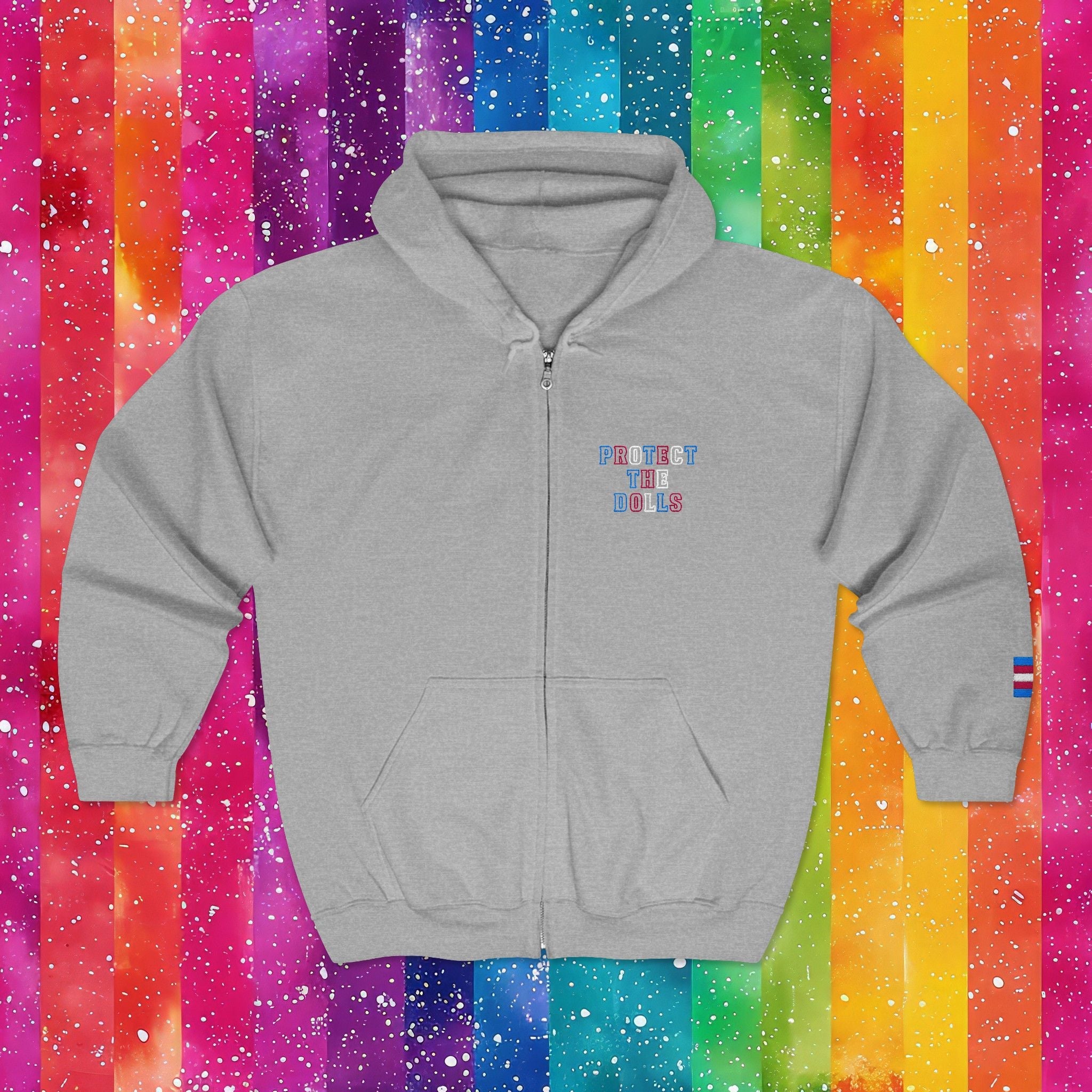 Bespattered Facade Protect the Dolls LGBTQ+ Pride Trans Support Embroidered Full-Zip Hoodie