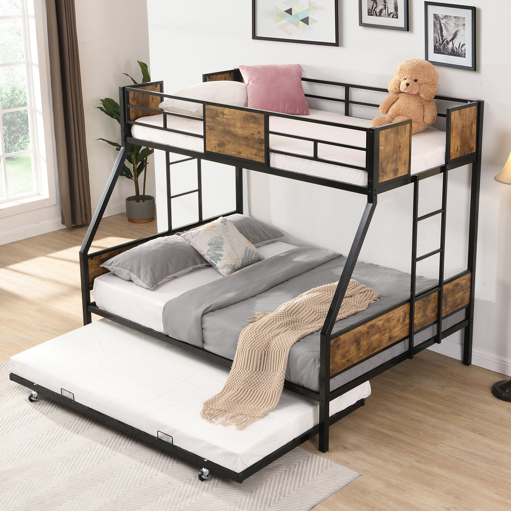 Modern Twin Over Full Metal Bunk Bed with Trundle and Dual Side Ladder, Black & Brown MDF and Metal Design, Easy Assembly