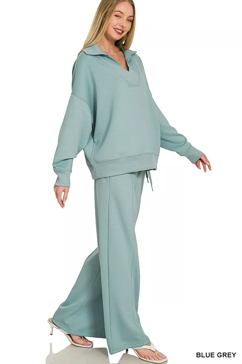 Zenana Scuba Collared Pullover & Center Seam Pants Set