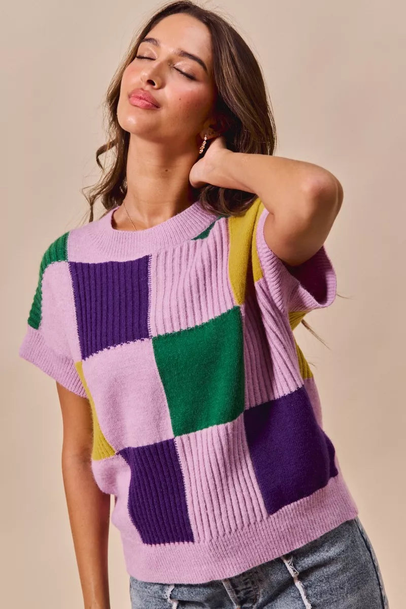 SO ME Mardi Gras Check Plaid Casual Sweater Top