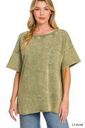Zenana French Terry Washed Drop Shoulder Raw Edge Top
