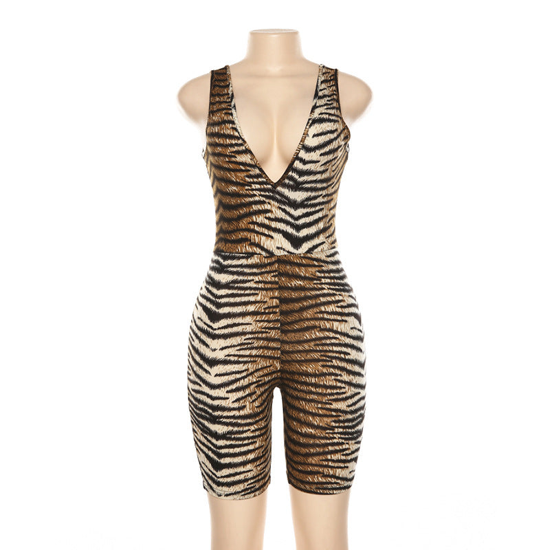 Summer Women's Sleeveless V-Neck Leopard Jumpsuit