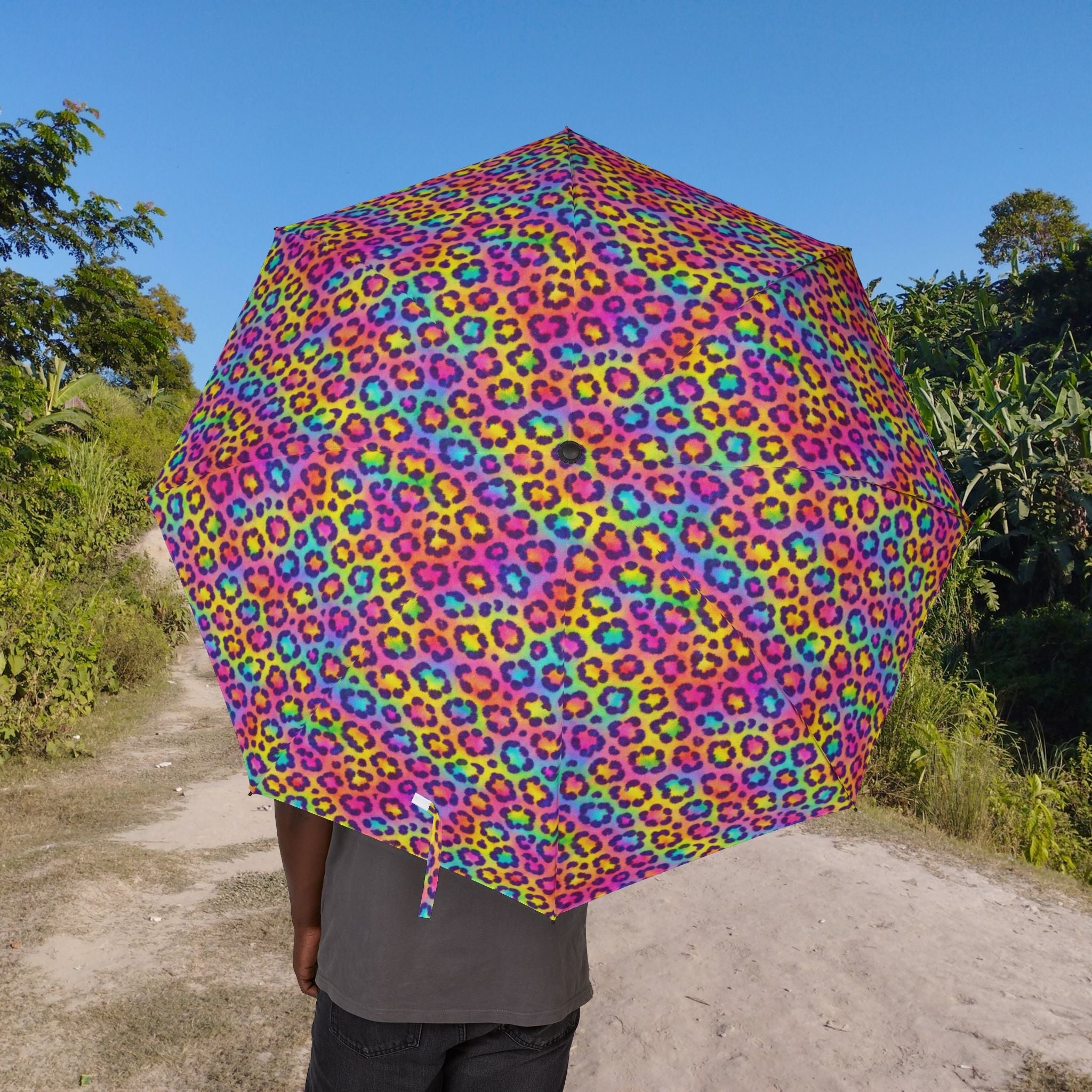 Rainbow Leopard Foldable Umbrella — Compact Semi-Automatic Rain Parasol