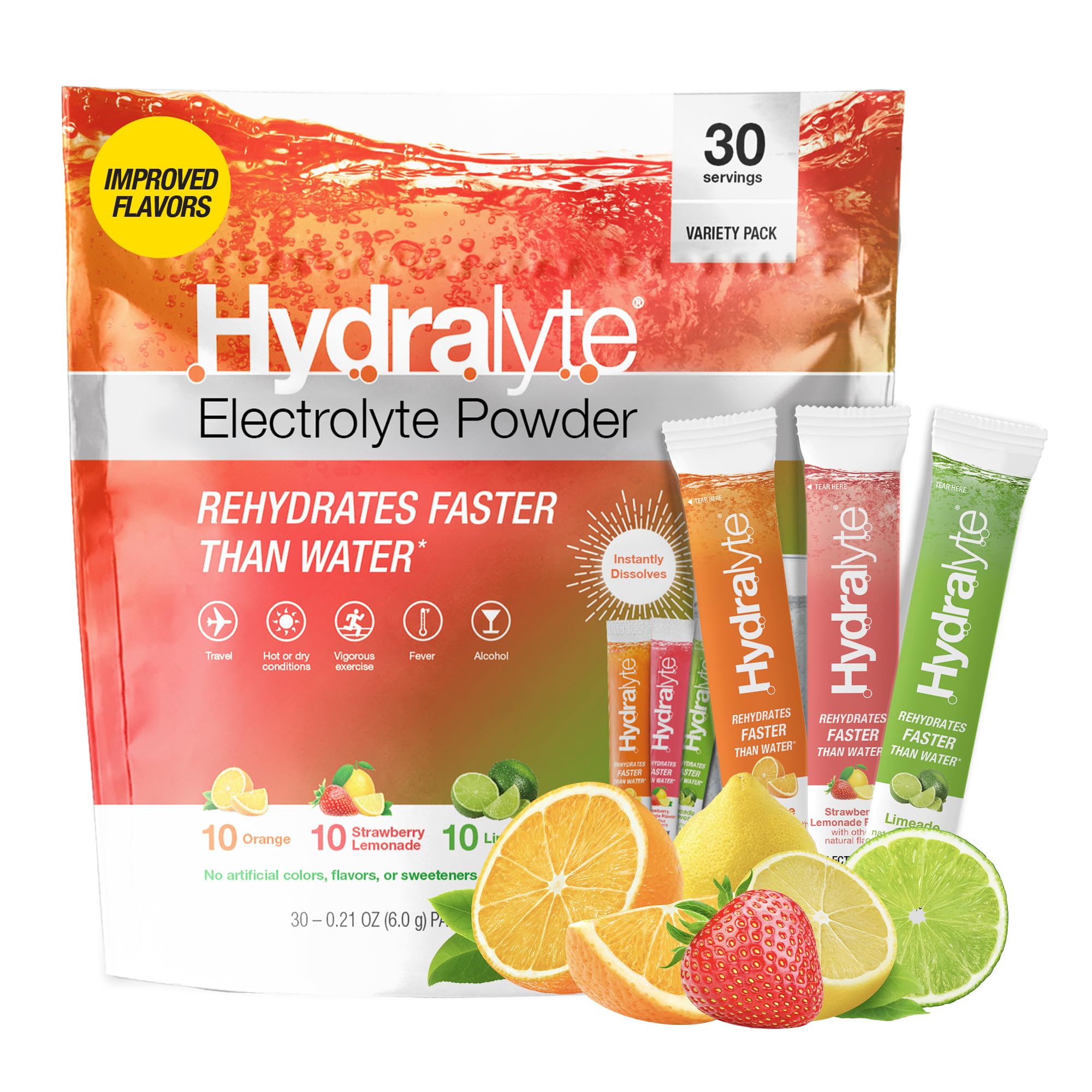 Hydralyte Low Sugar Rapid Rehydration - Lightly Sparkling Electrolyte Powder Packets 8 oz Serve | Variety Hydration Packets | Hydration for Heat Travel Exercise and Bachelorette Parties (30 Count)