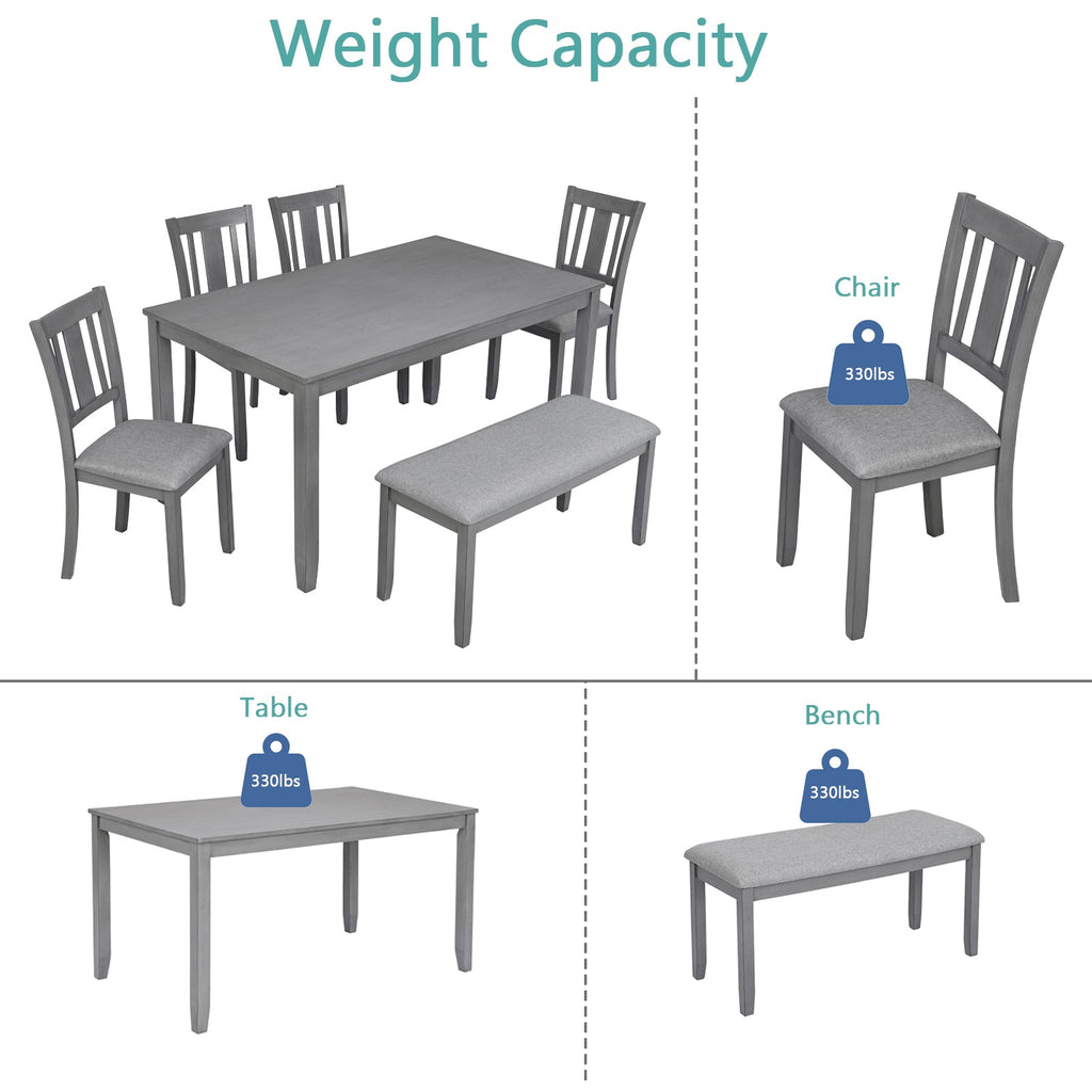 6PCs Kitchen Dining Set, Rectangular Wooden Dining Table with 4 Upholstered Chairs and a Bench, Dining Table Set for 6 People, Living Room, Home Bar and Kitchen, Gray