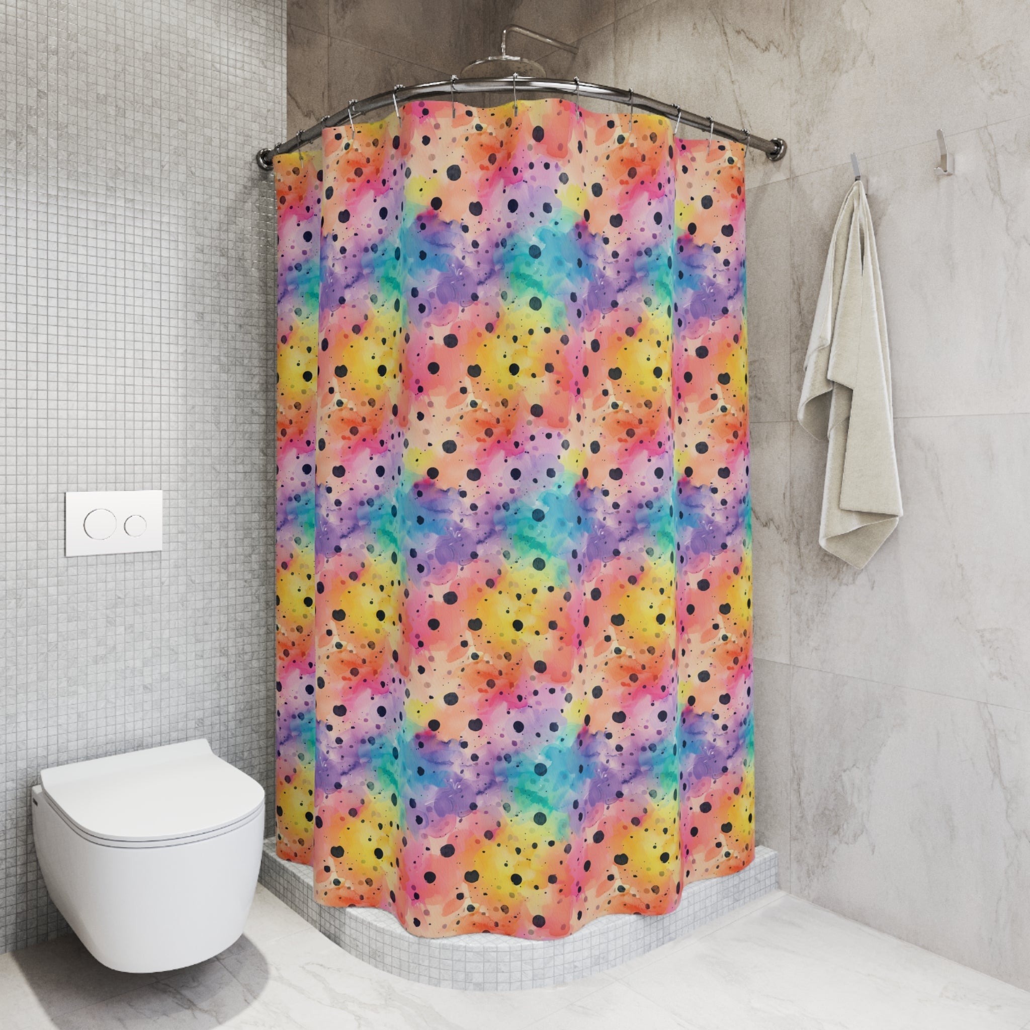 Bespattered Facade Rainbow Watercolor Dots Shower Curtain