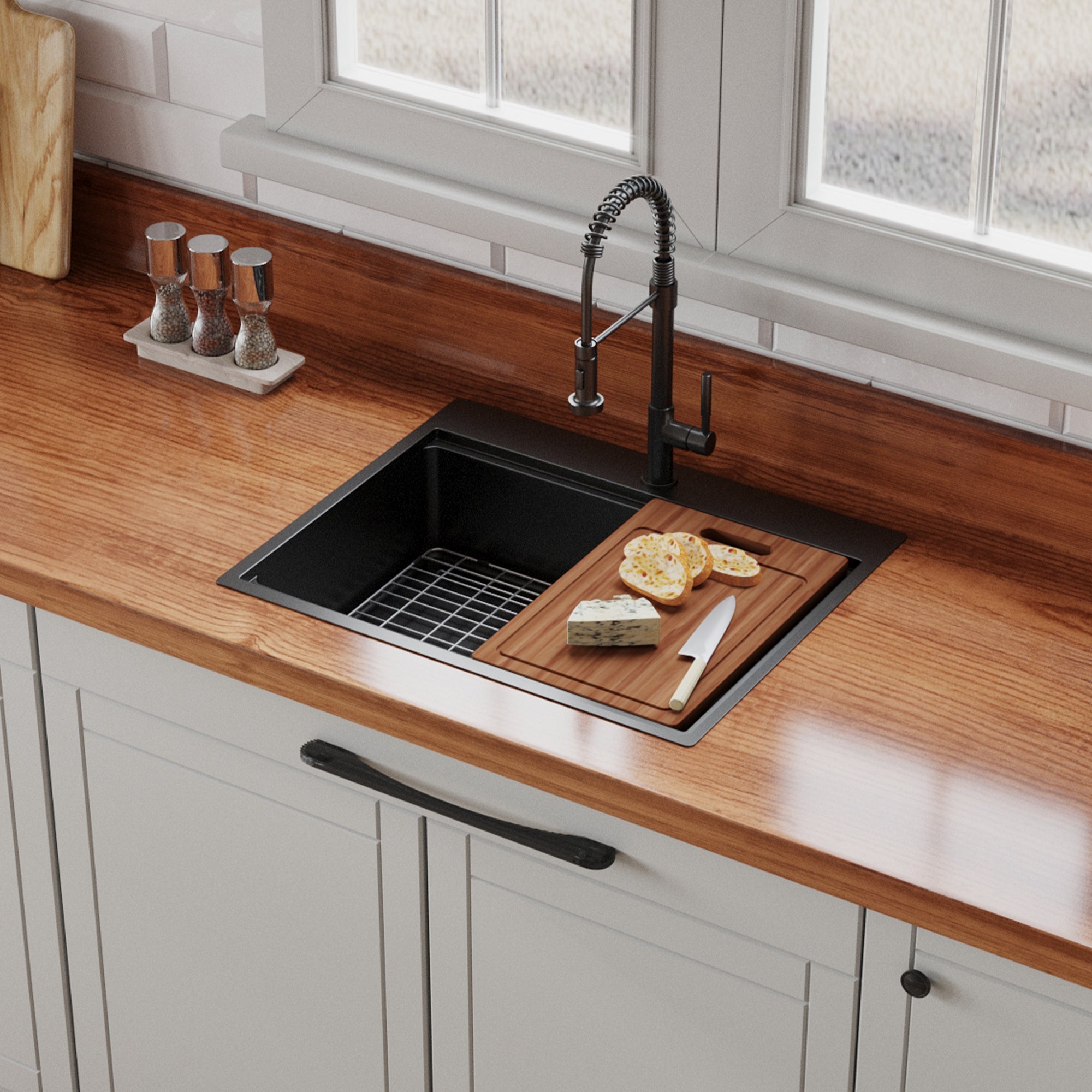 30' x 22' Black Drop In Kitchen Sink,  16 Gauge Stainless Steel Workstation Sink