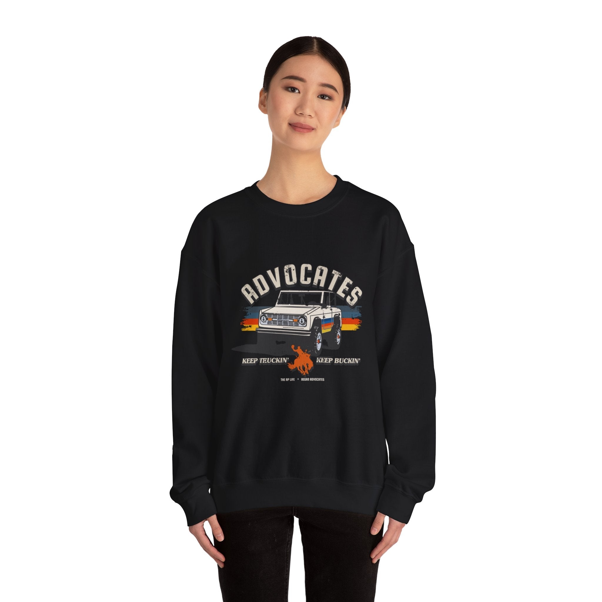 Advocates Keep Truckin', Keep Buckin' - Retro Bronco Truck - Unisex Heavy Blend™ Crewneck Sweatshirt