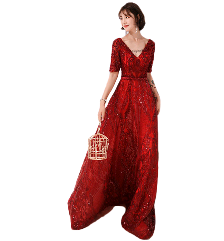 Bridal Toast Dress, New Red V-Neck Evening Gown