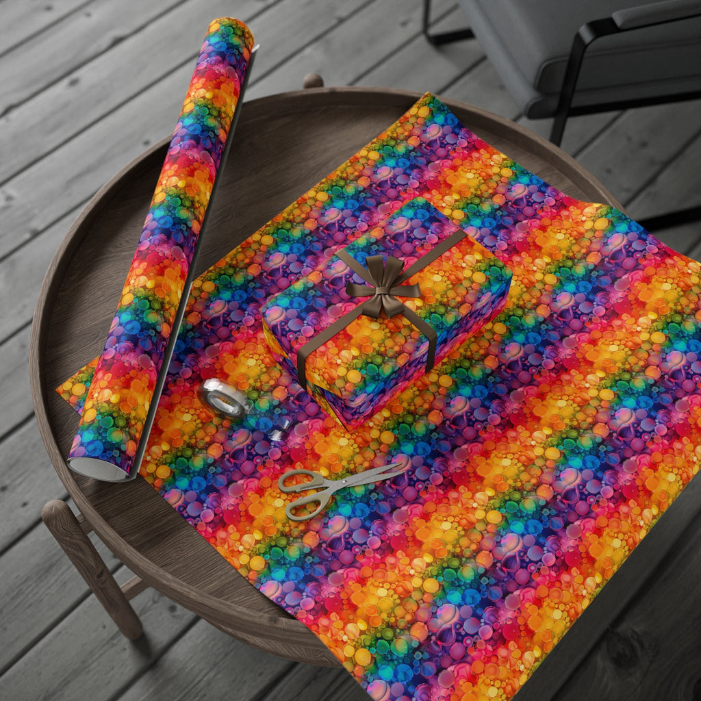 Bespattered Facade Rainbow Ink Circles Wrapping Paper | Three Sizes | Glossy or Matte