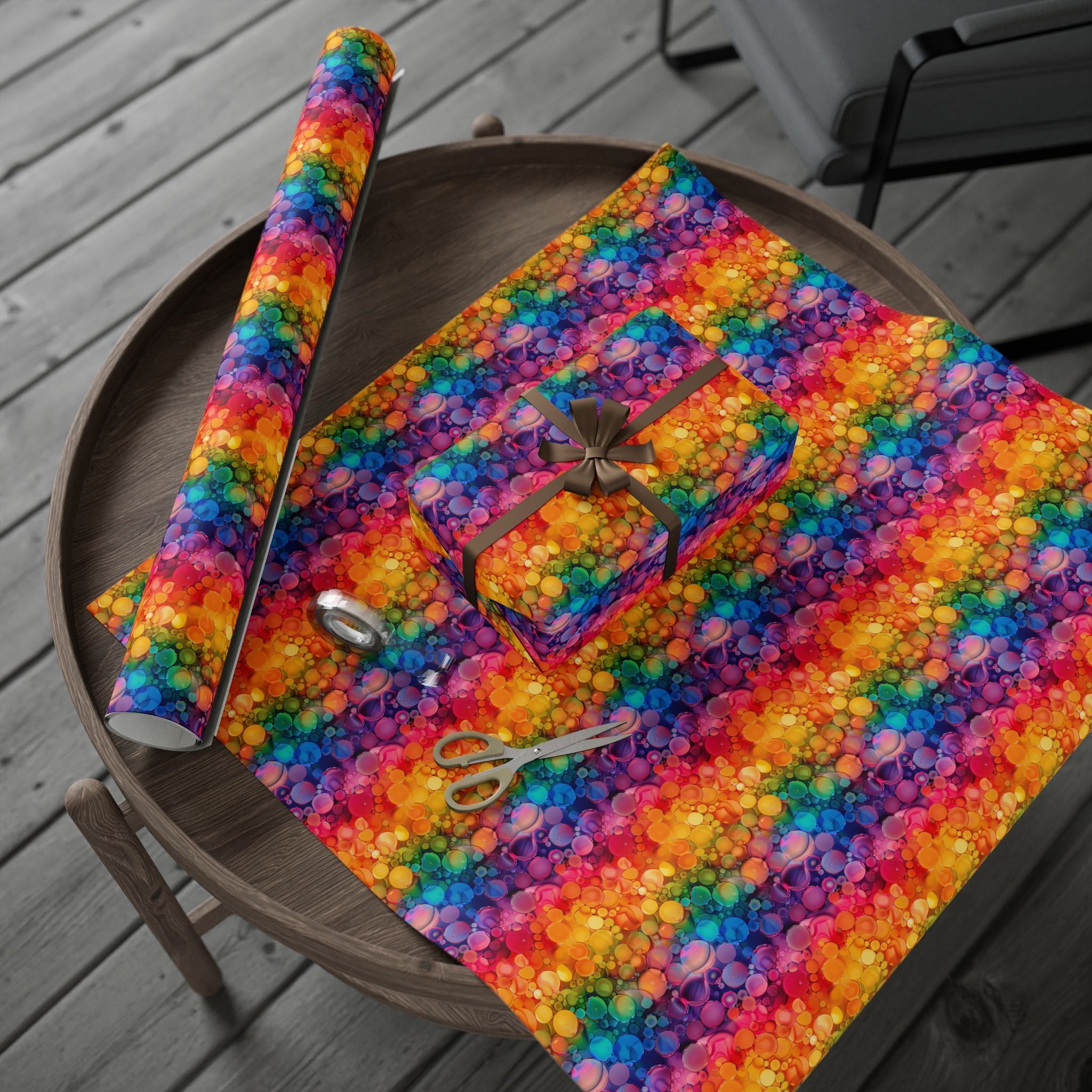 Bespattered Facade Rainbow Ink Circles Wrapping Paper | Three Sizes | Glossy or Matte