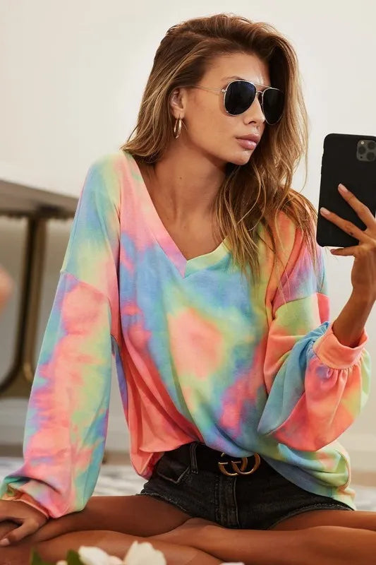 BiBi Tie Dye French Terry V Neck Top