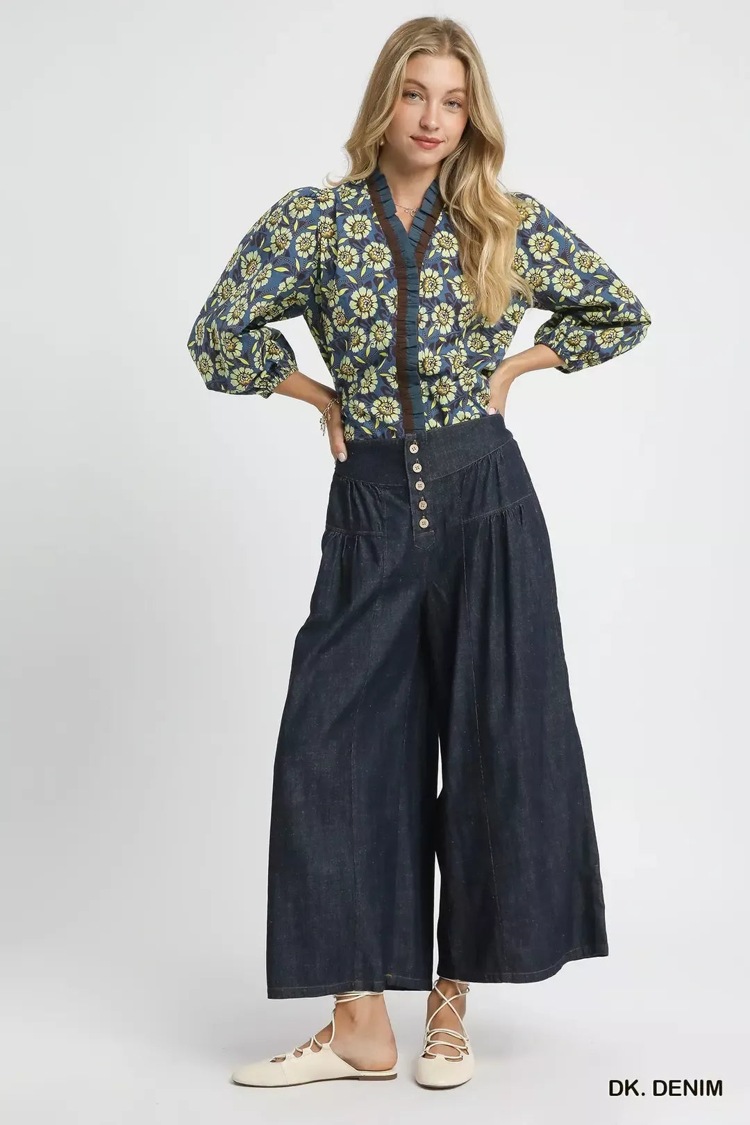 Umgee Stone Washed Wide-Leg Button-Front Culottes