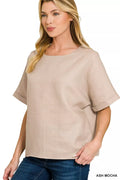 Zenana Linen Round Neck Cuffed Sleeve Top