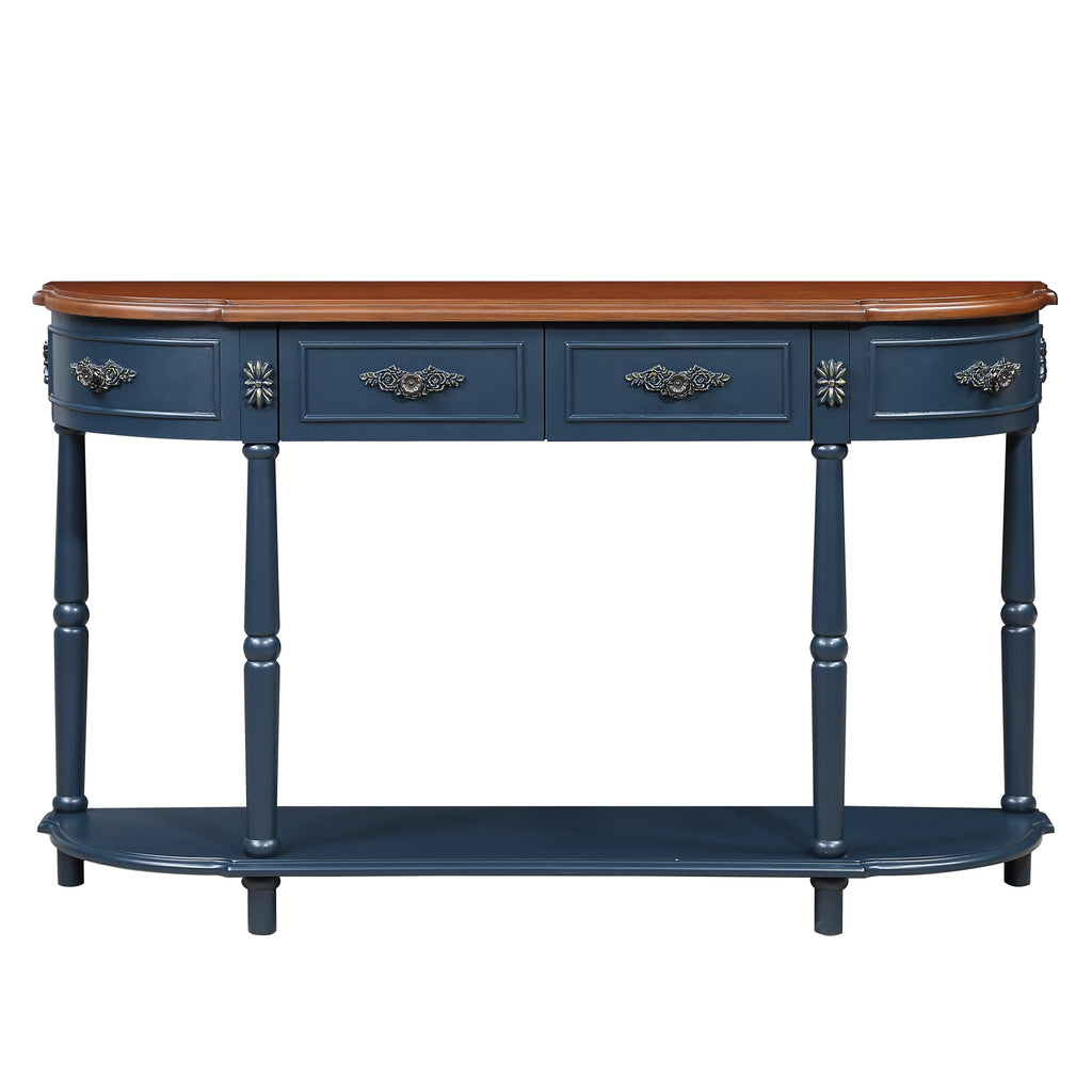 Retro Curved Wood Console Table, 52 inch Circular Half Moon Sofa Table with Open Shelf and 2 Drawers, Solid Wood Entry Table for Living Room, Hallway, Navy Blue + Brown Top