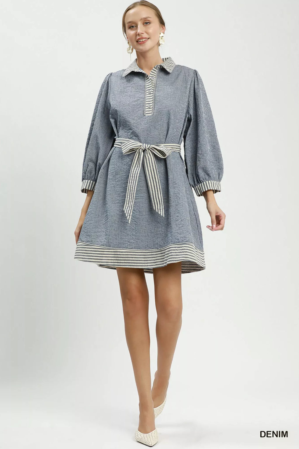 Umgee Striped Contrast Belted Puff Sleeve Mini Dress